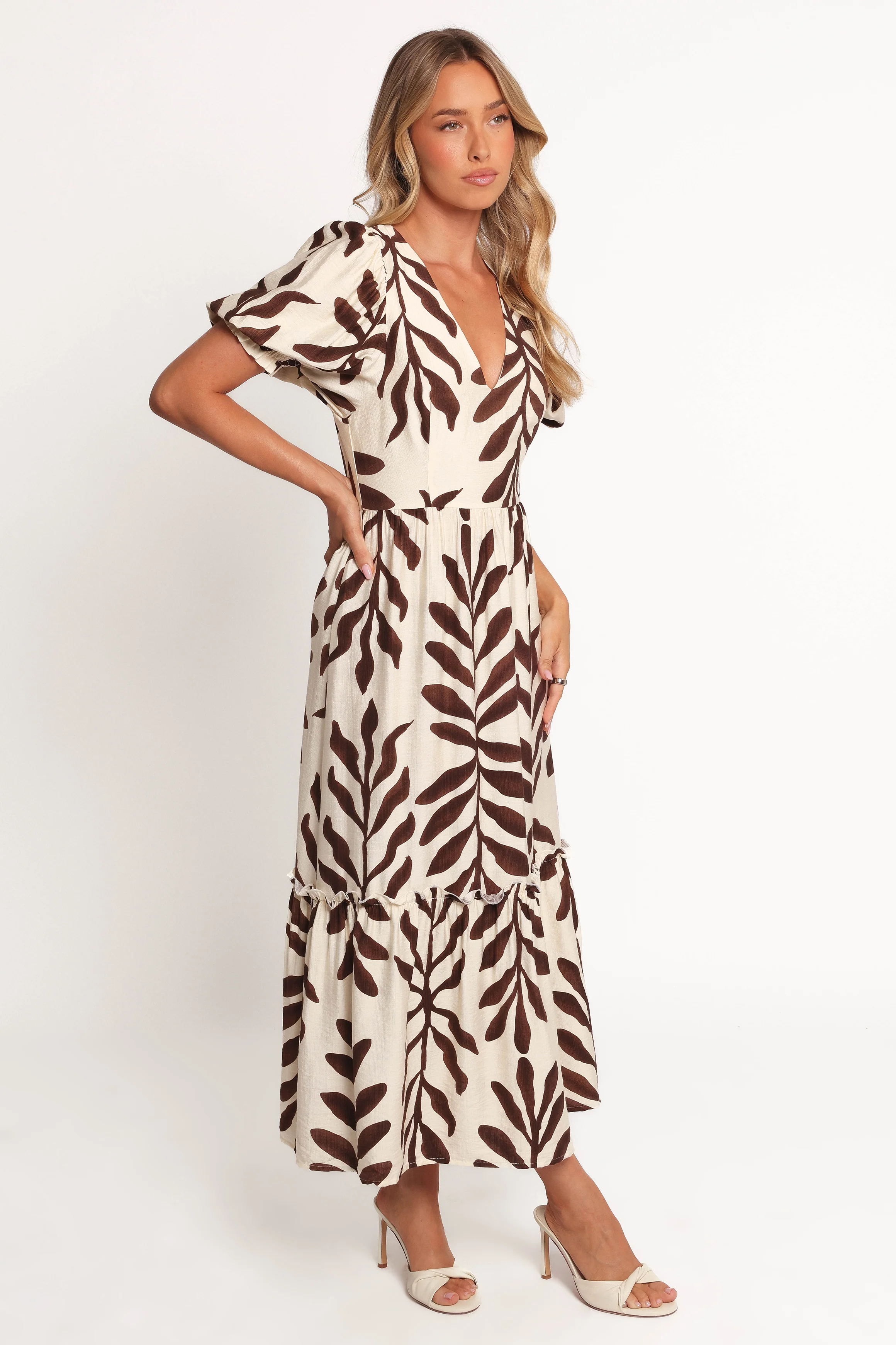 Steele Puff Sleeve Midi Dress - Brown Palm