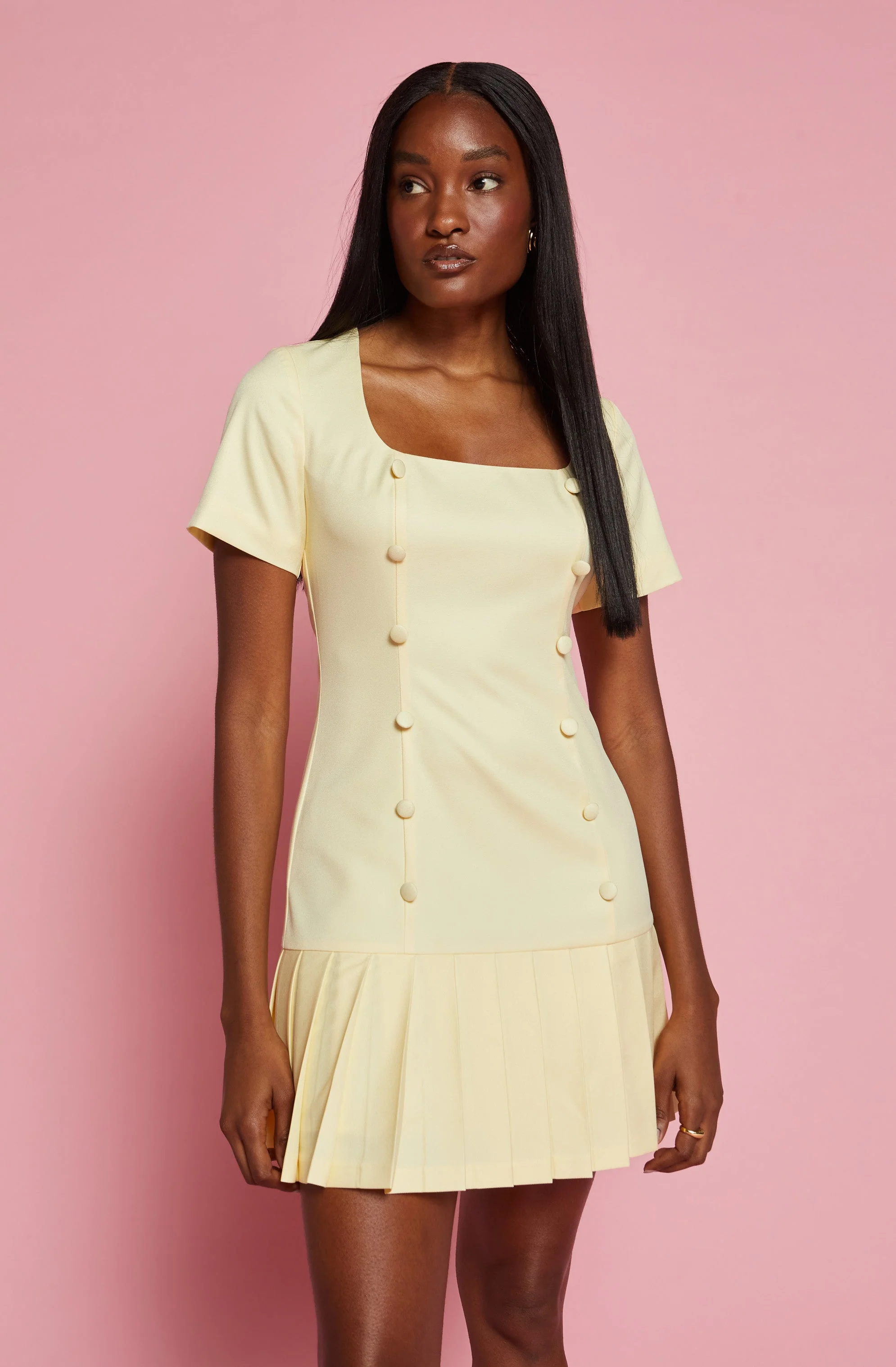 Pleated Button Mini Dress