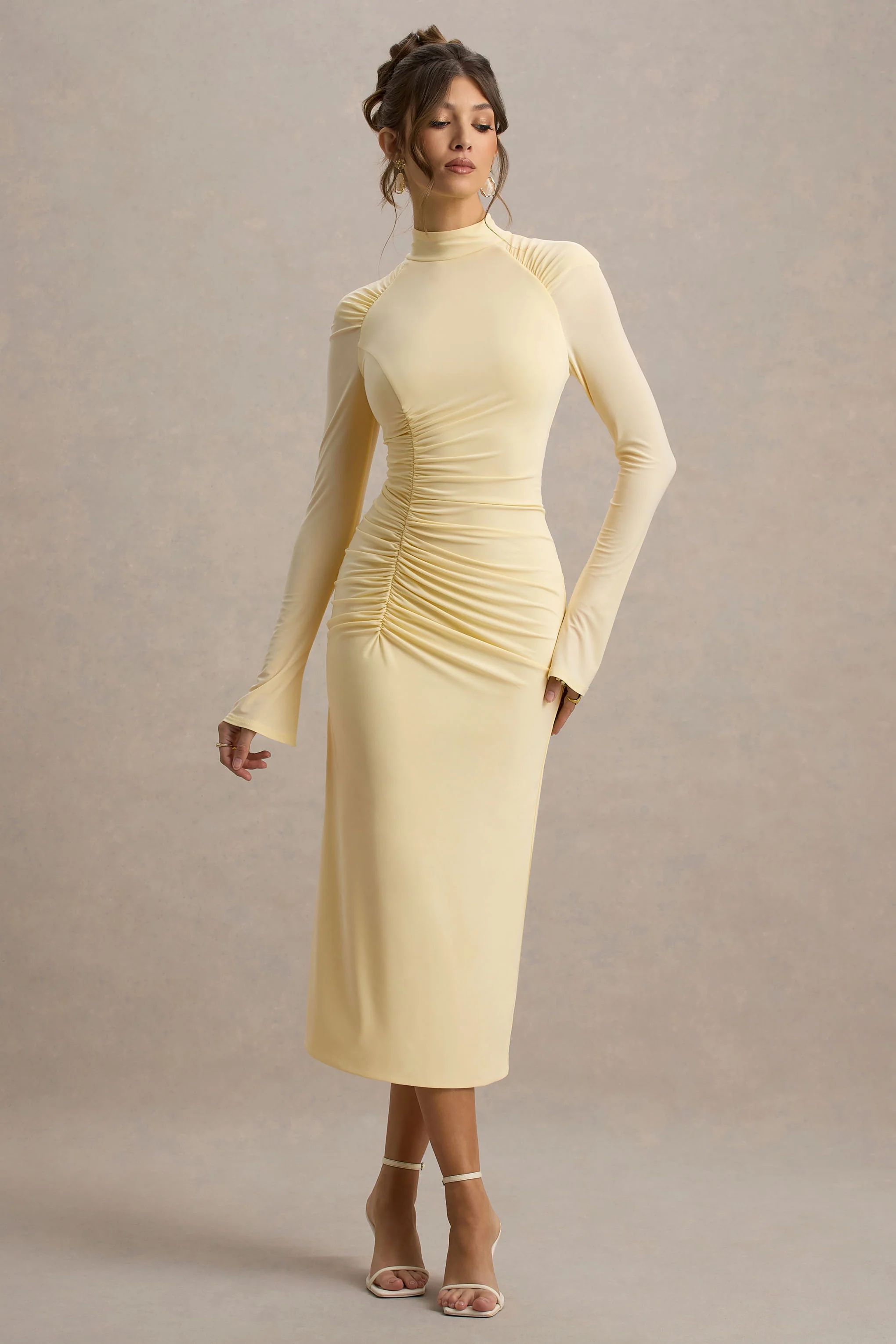 Cassandra | Pale Lemon High-Neck Long-Sleeve Midi Dress
