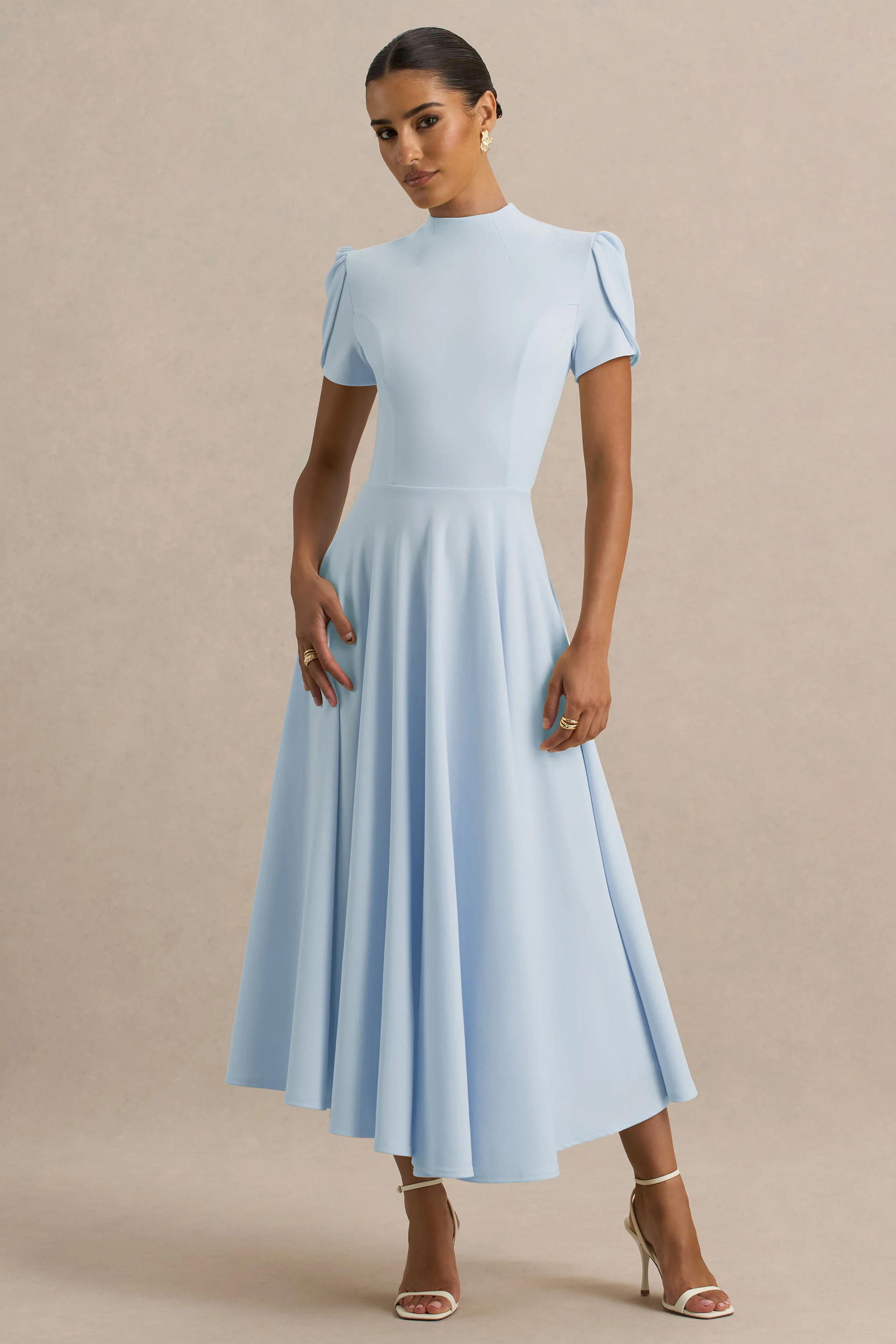 Vicky | Powder Blue High Neck Midi Dress With Puff Sleeves