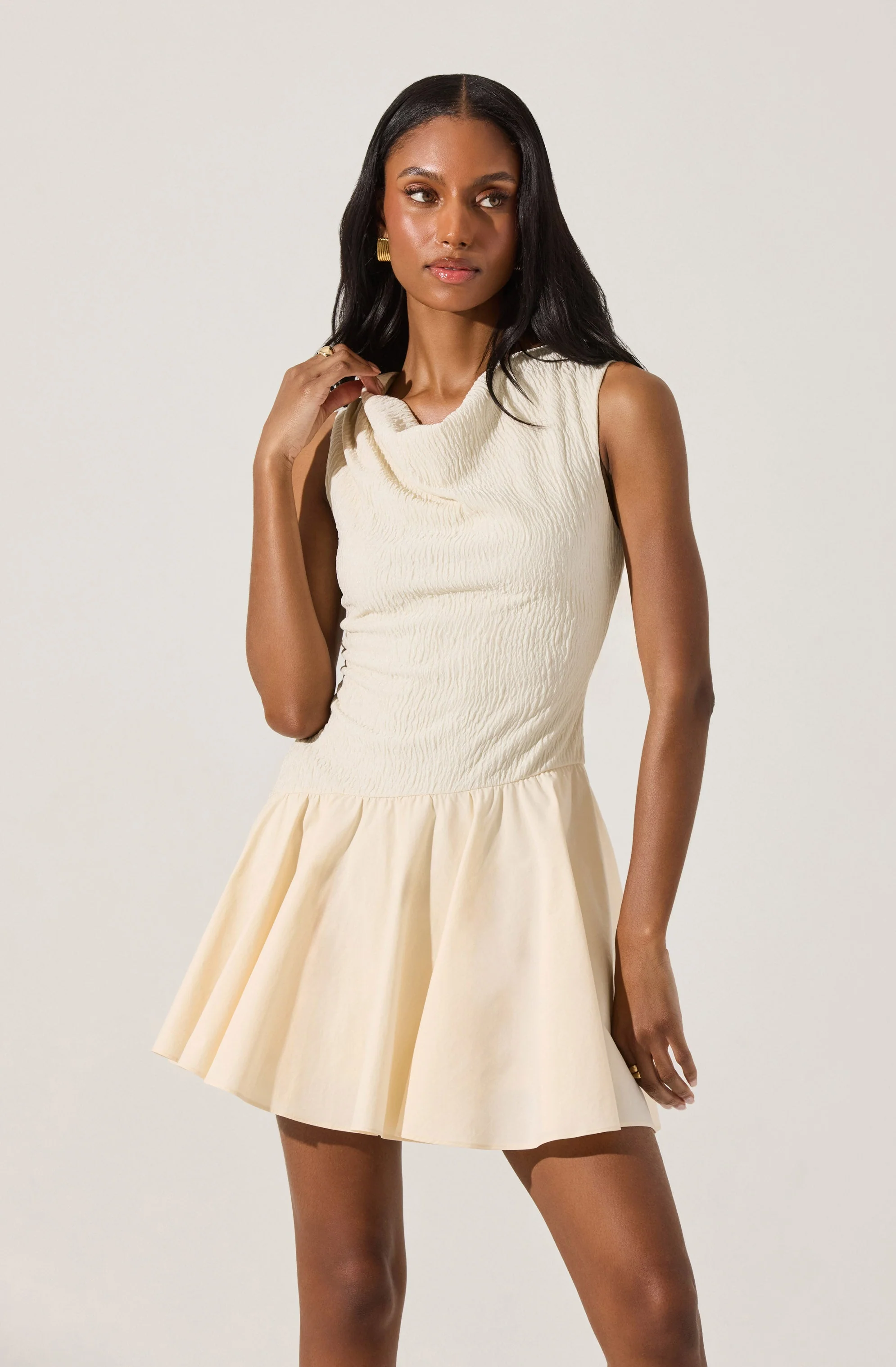 Cowl Neck Mixed Media Mini Dress