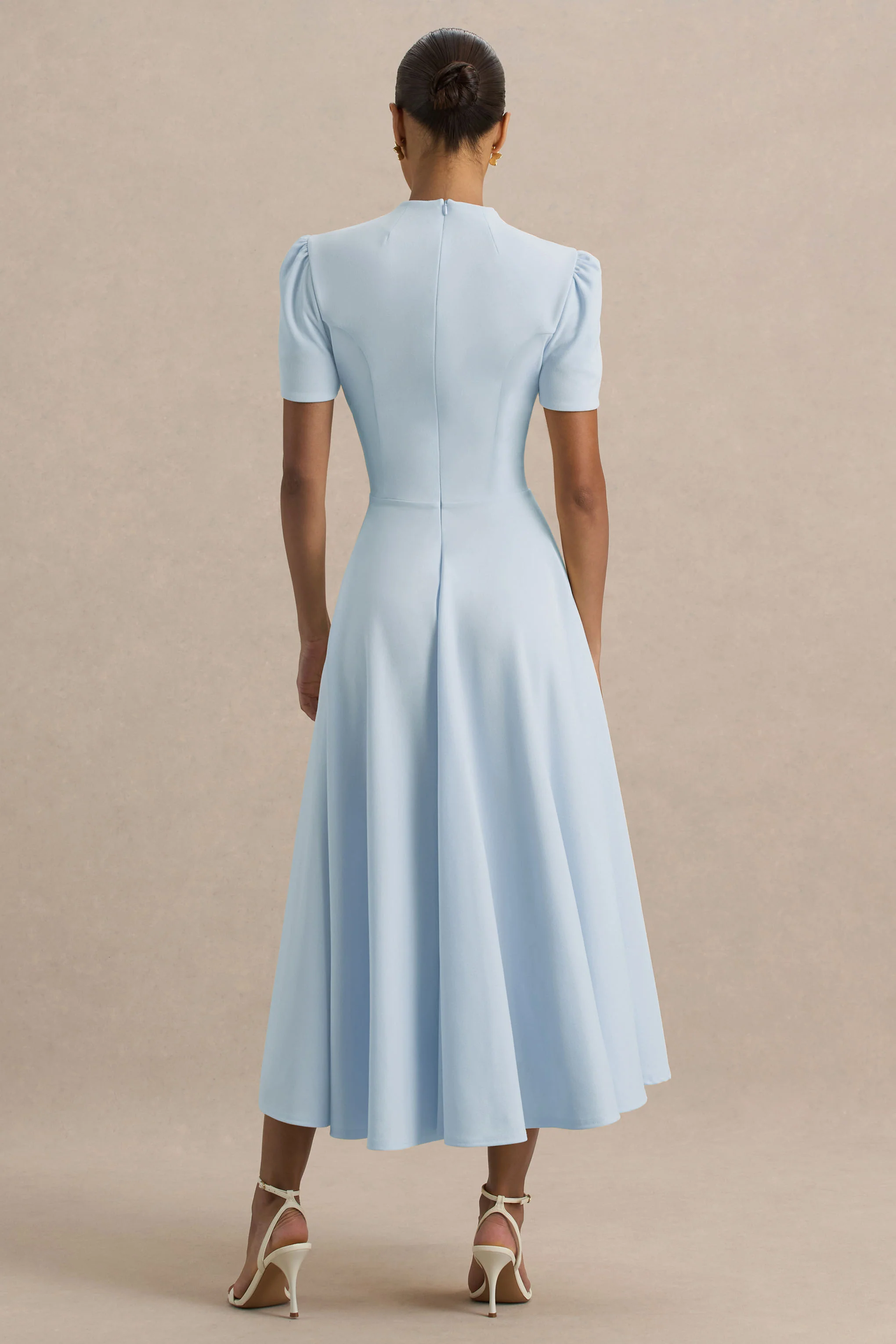 Vicky | Powder Blue High Neck Midi Dress With Puff Sleeves