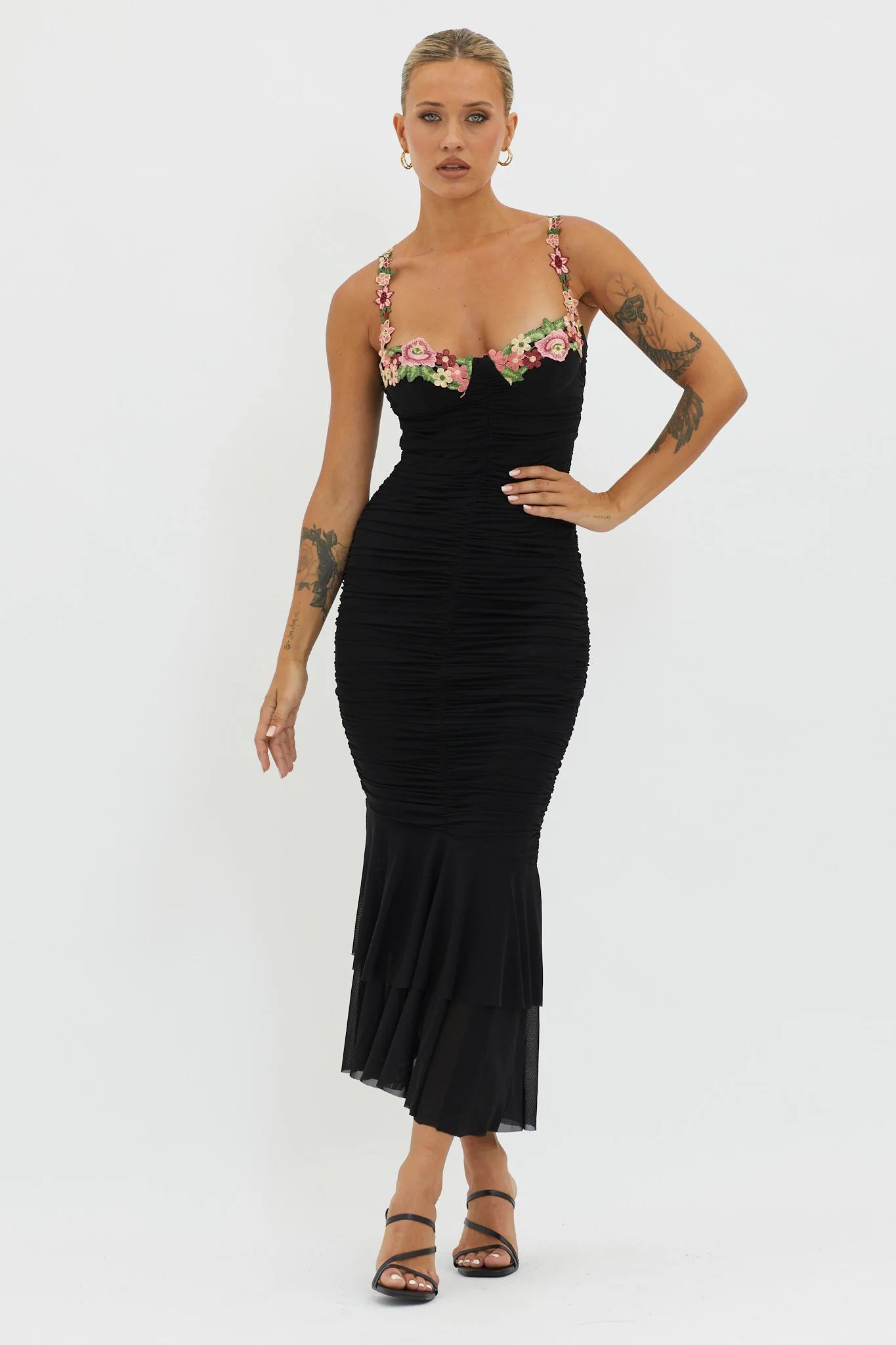 Rose Garden Ruched Mesh Midi Dress Black