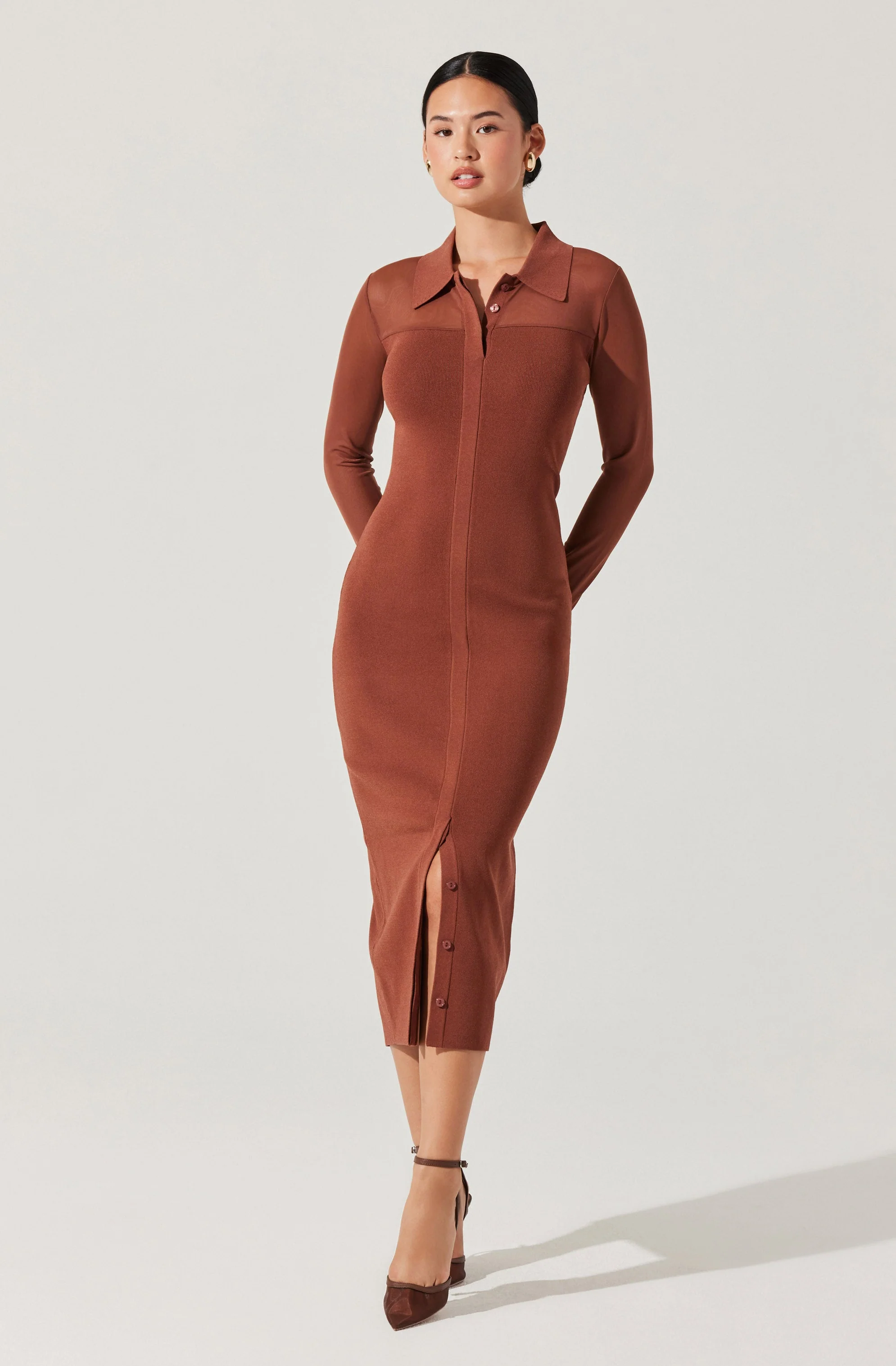 Contrast Mesh Collared Midi Dress