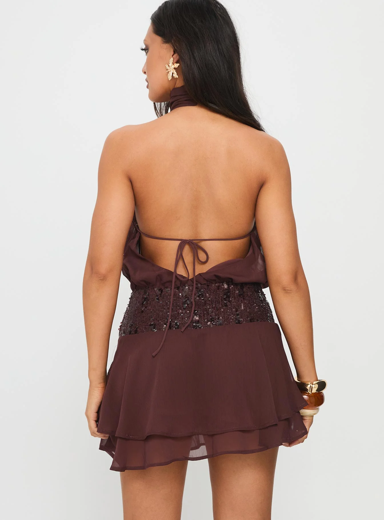 Zenayda Drop Waist Sequin Mini Dress Brown
