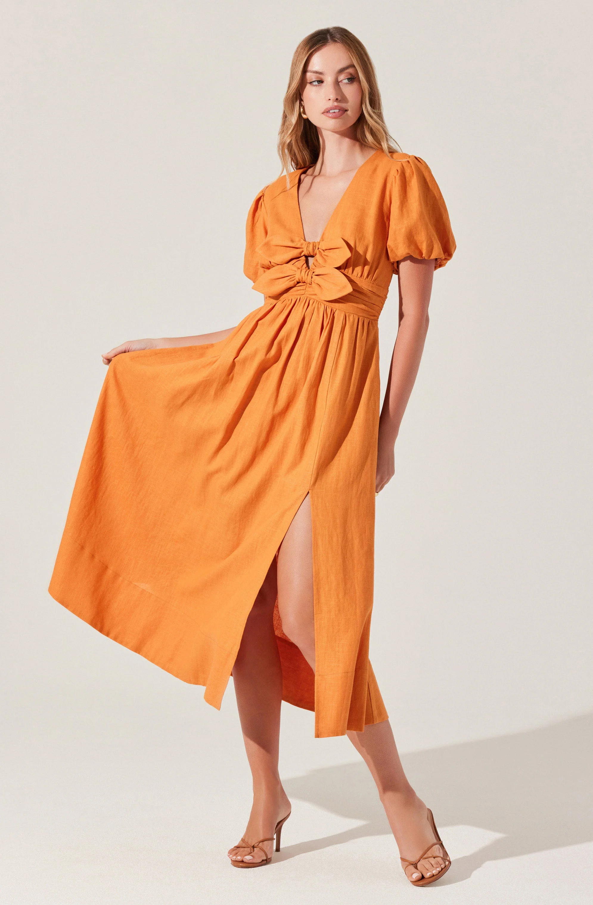 Citrine Linen Bow Front Midi Dress