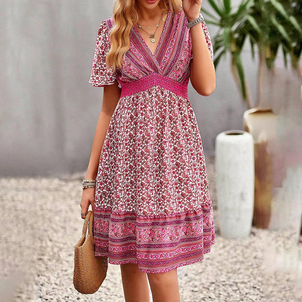 Boho Floral Shirring Waist Midi Swing Dress