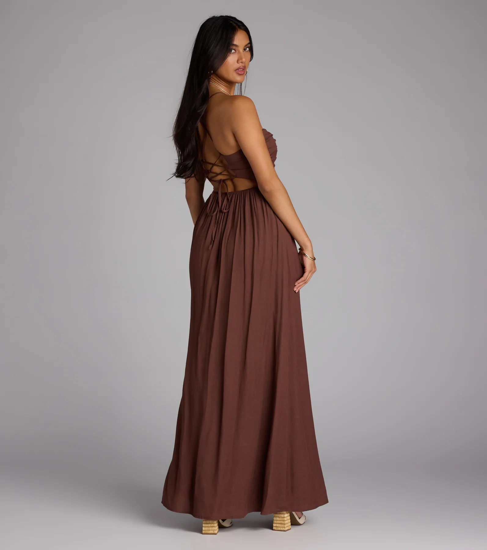 Eyes On You Lace-Up Slit Maxi Dress