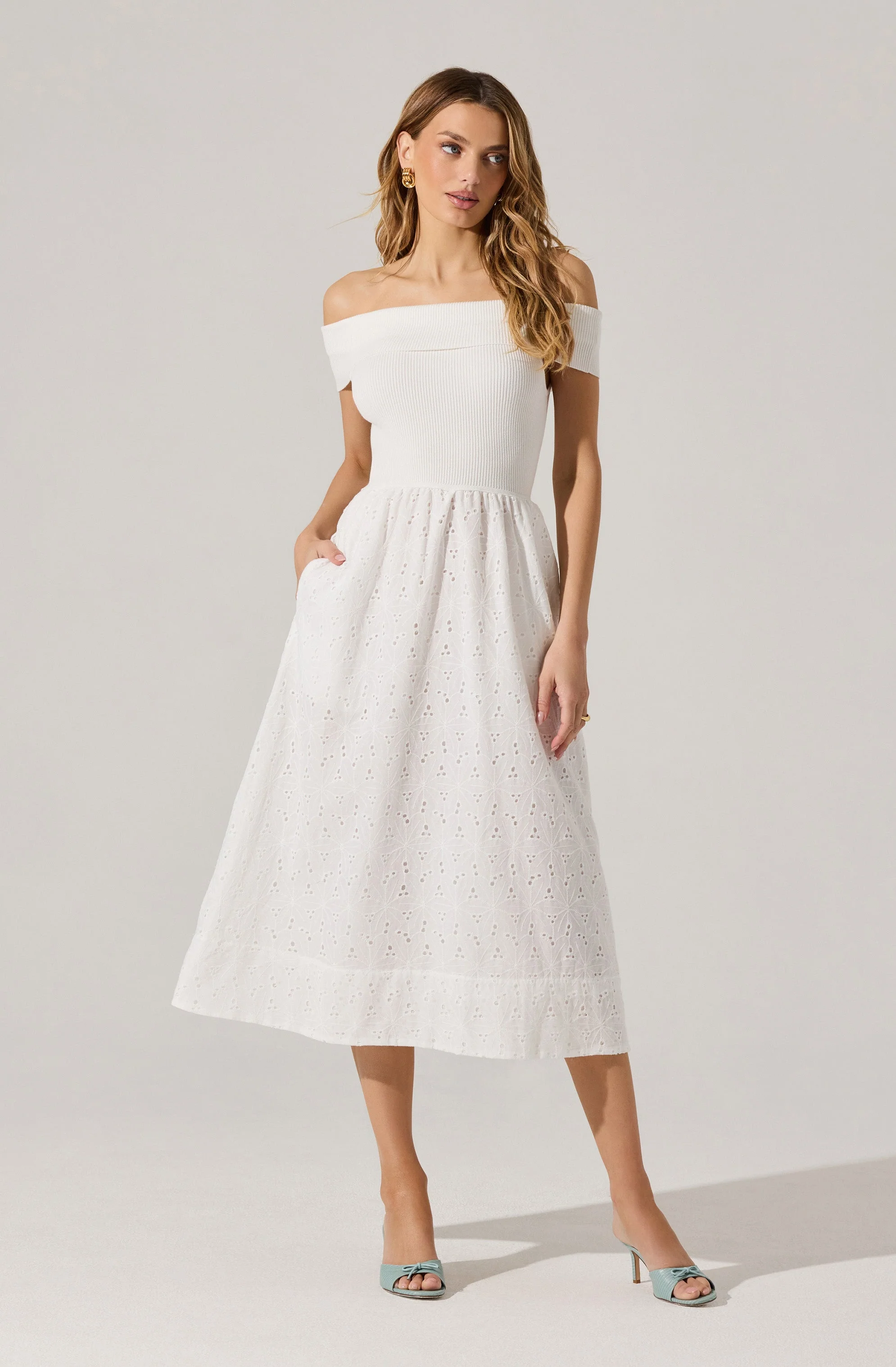 Off Shoulder Eyelet Midi Dress