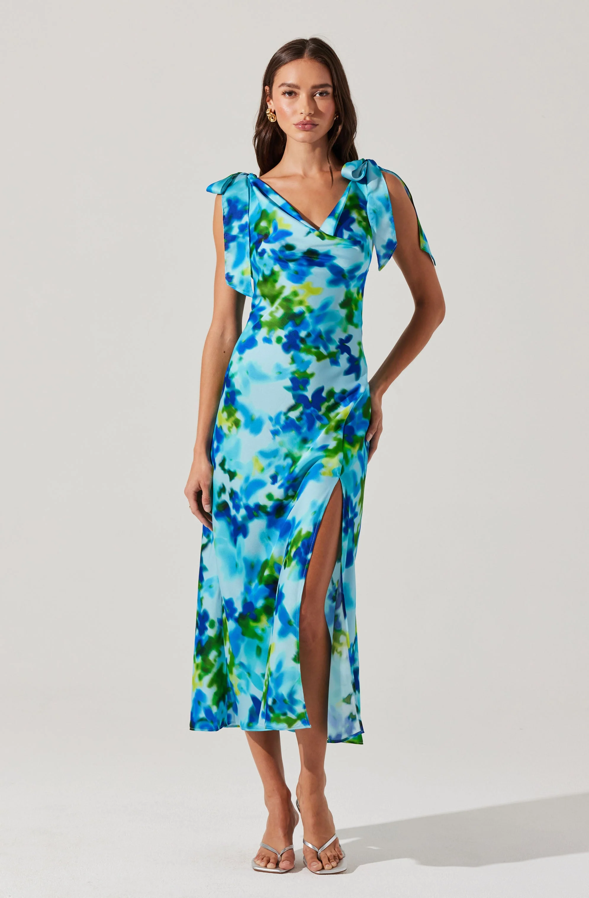 Allexina Satin Cowl Neck Midi Dress