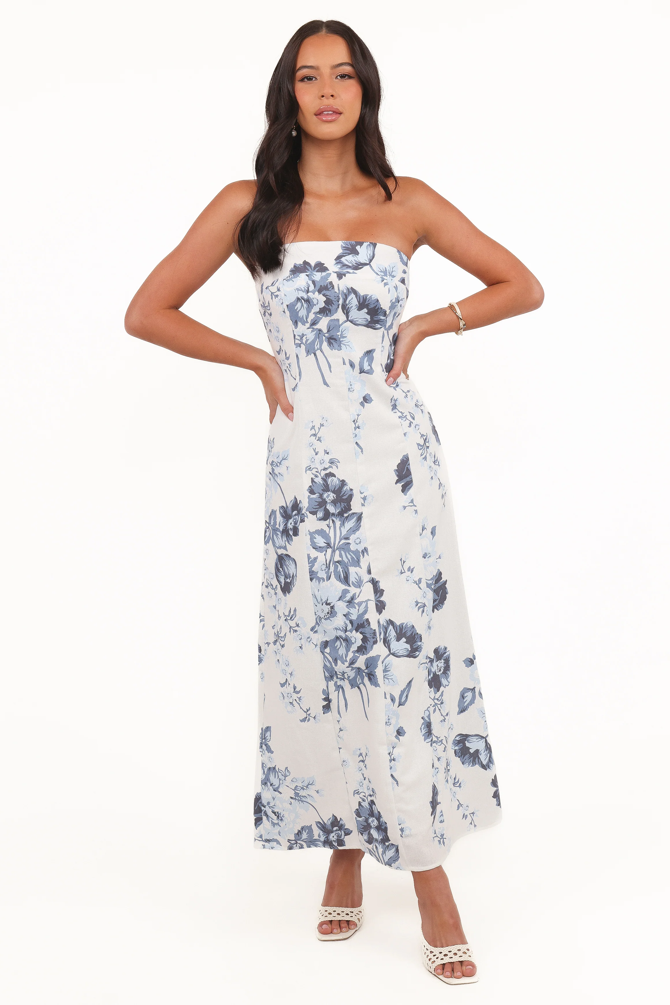 Tamira Strapless Midi Dress - Blue Floral