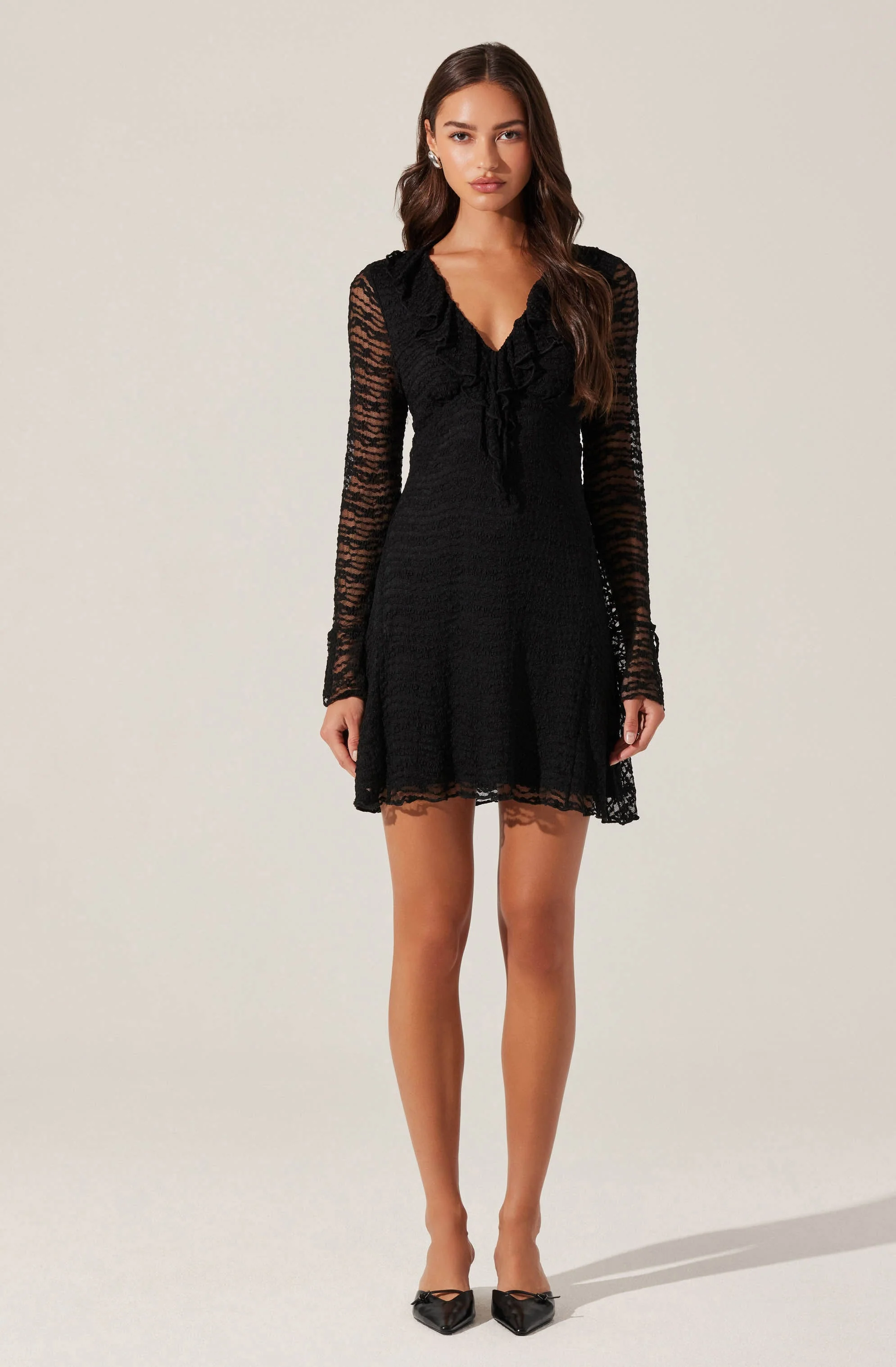 Ruffle V-Neck Lace Mini Dress