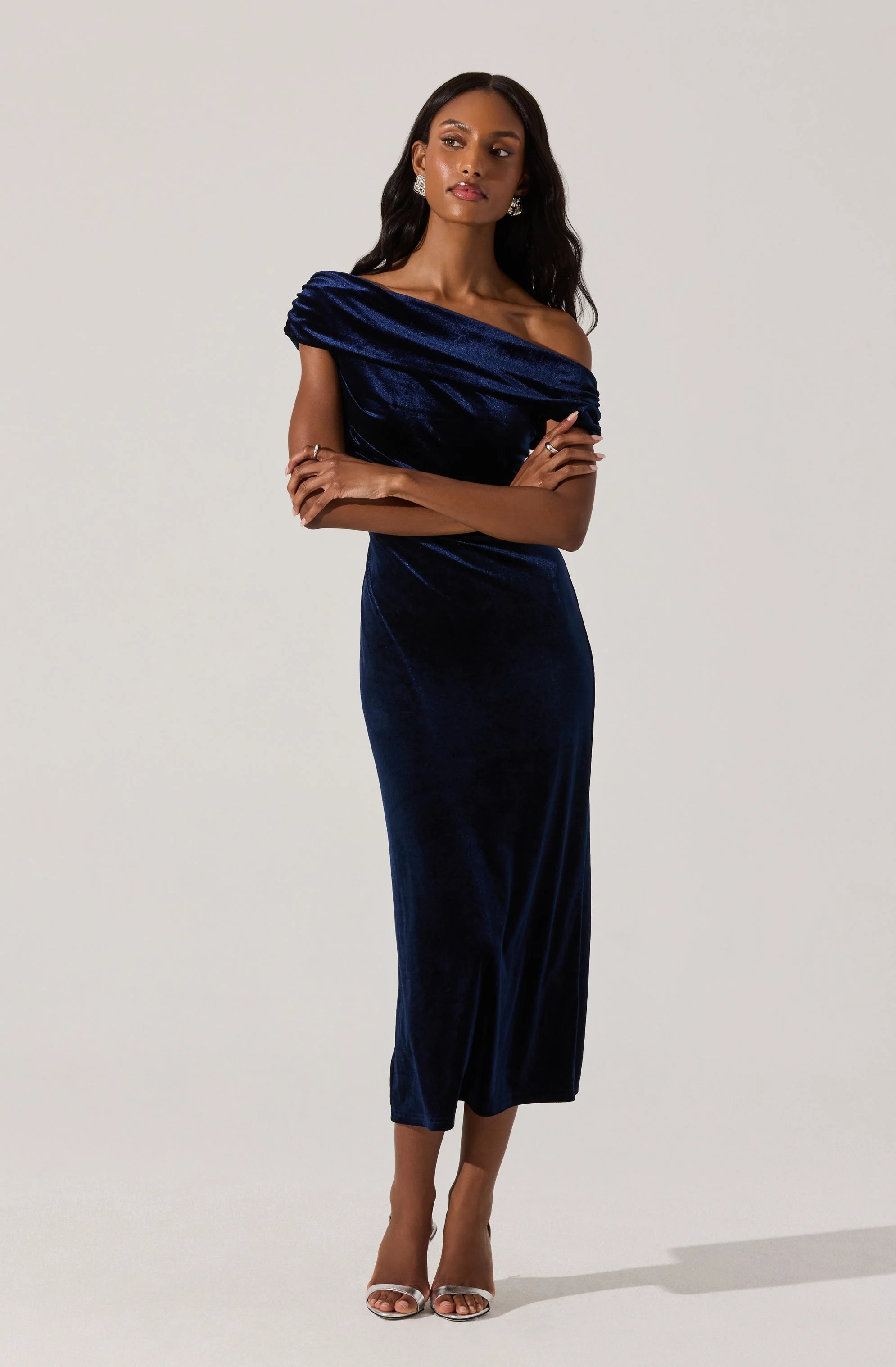 Velvet Off Shoulder Midi Dress