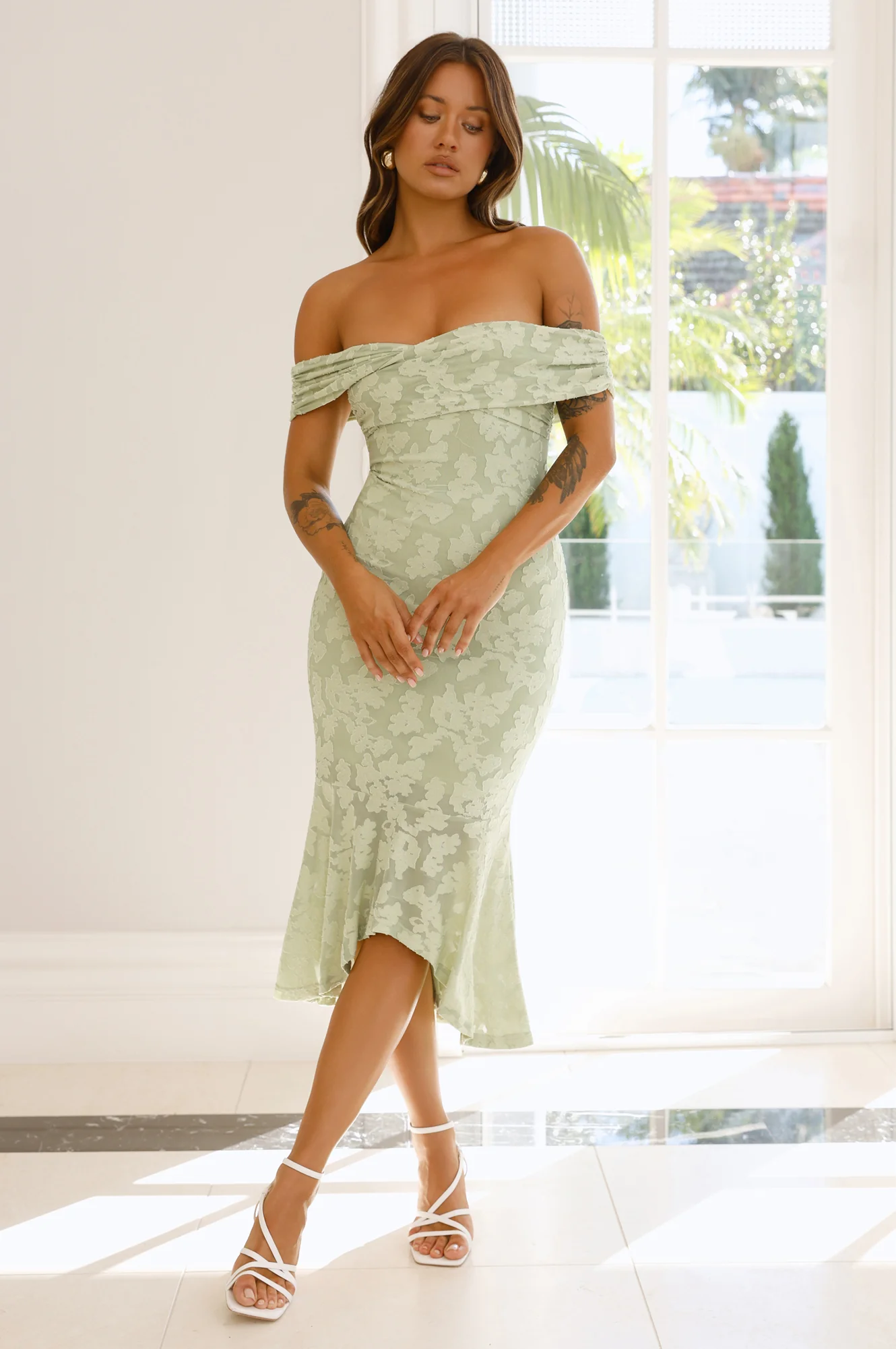 Botanical Embrace Off Shoulder Midi Dress Sage