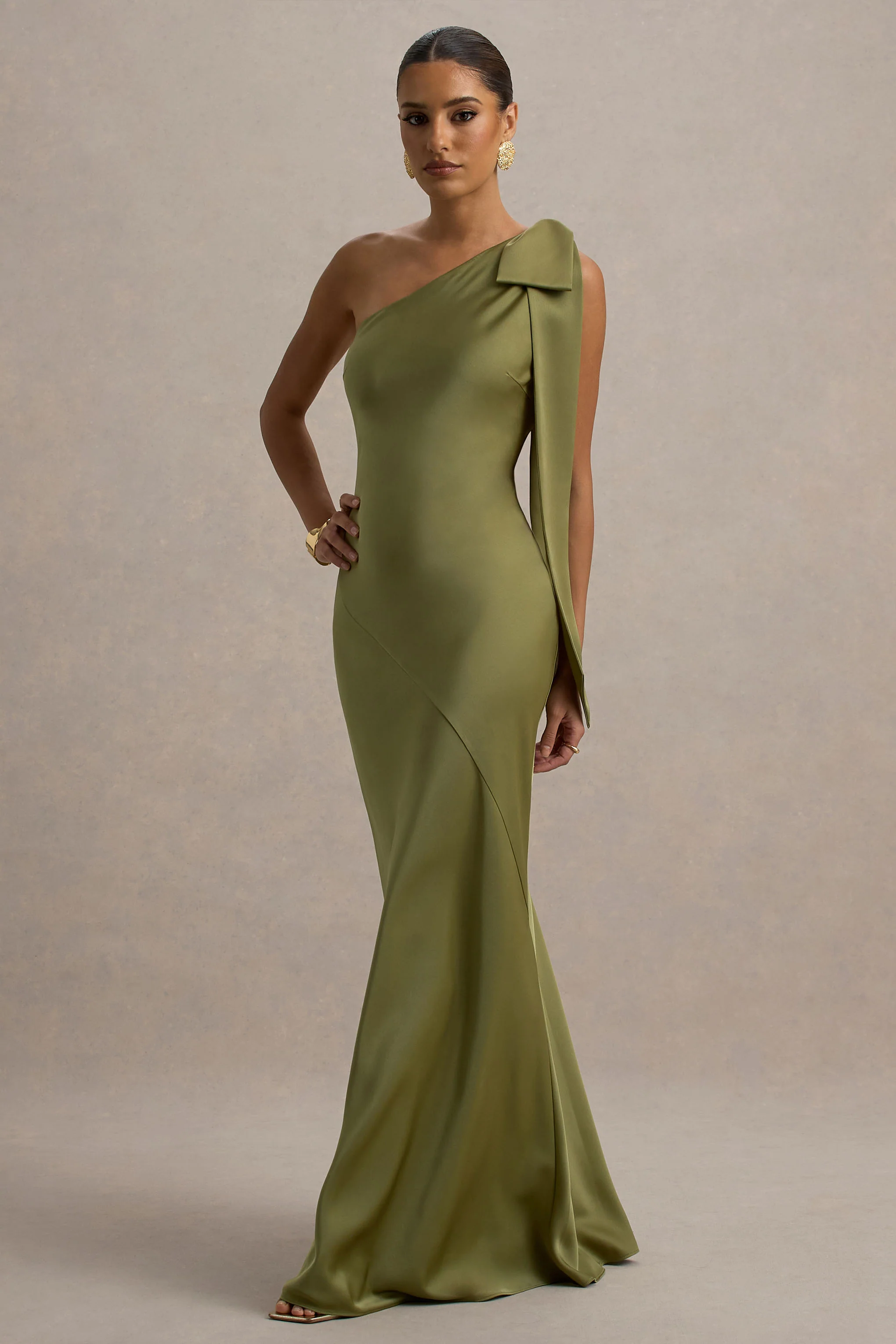 Here For Love | Khaki Satin Asymmetric Maxi Dress With Bow