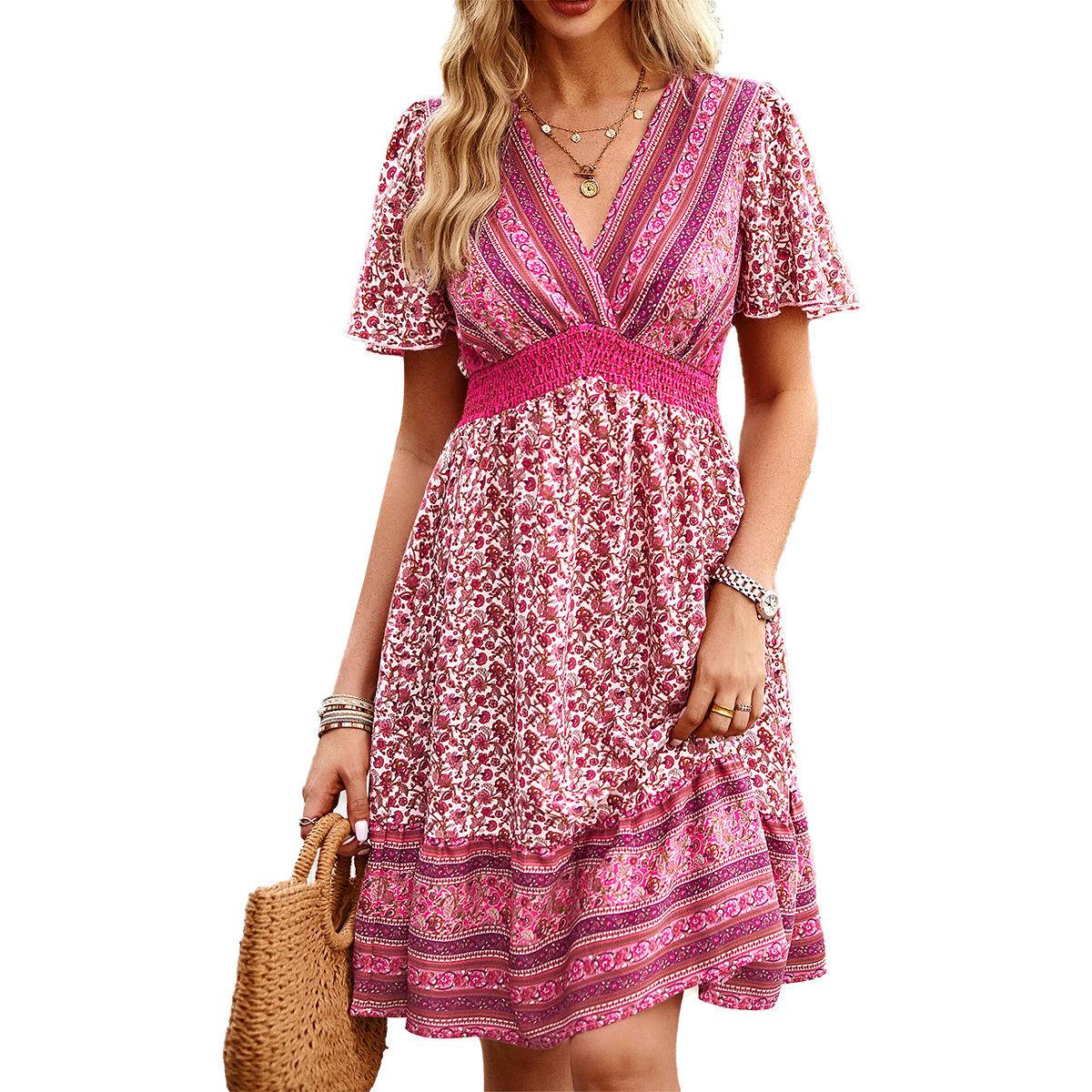Boho Floral Shirring Waist Midi Swing Dress