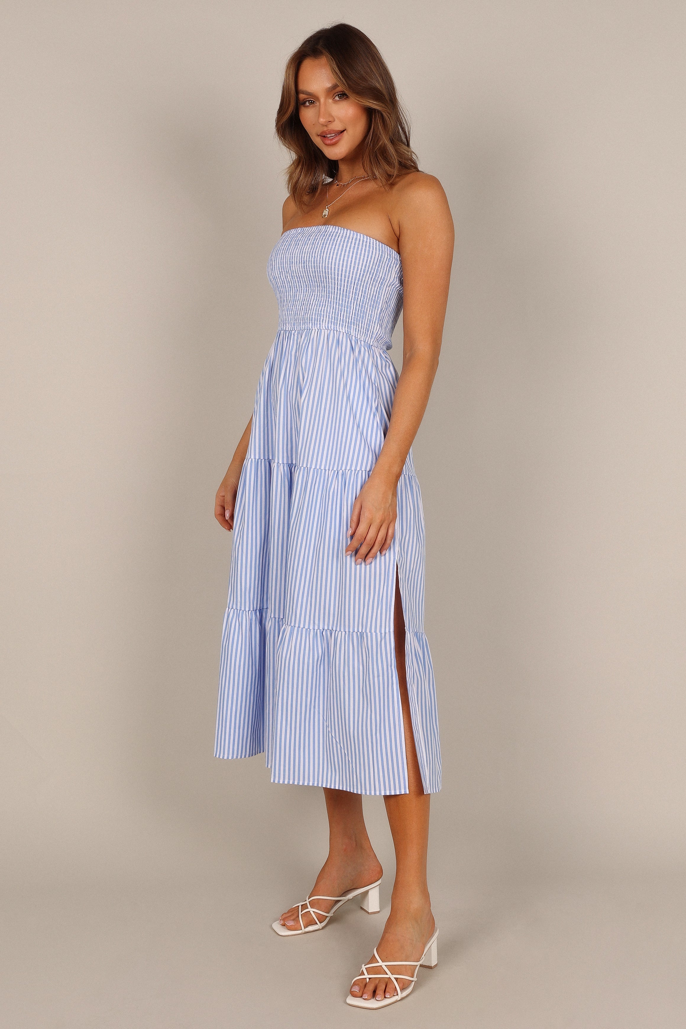 Maisie Strapless Midi Dress - Blue Stripe