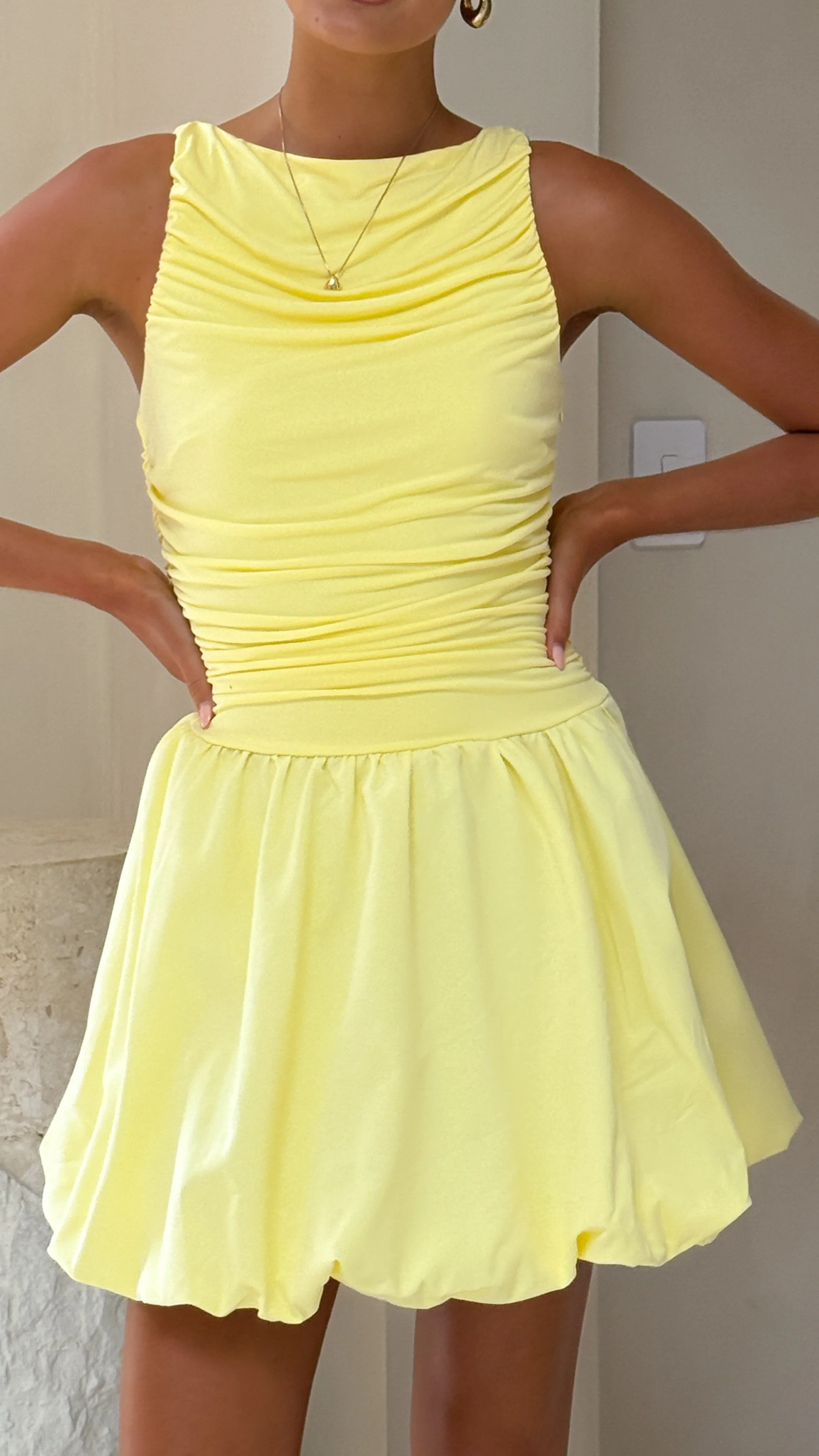 Meera Boat Neck Mini Dress - Lemon