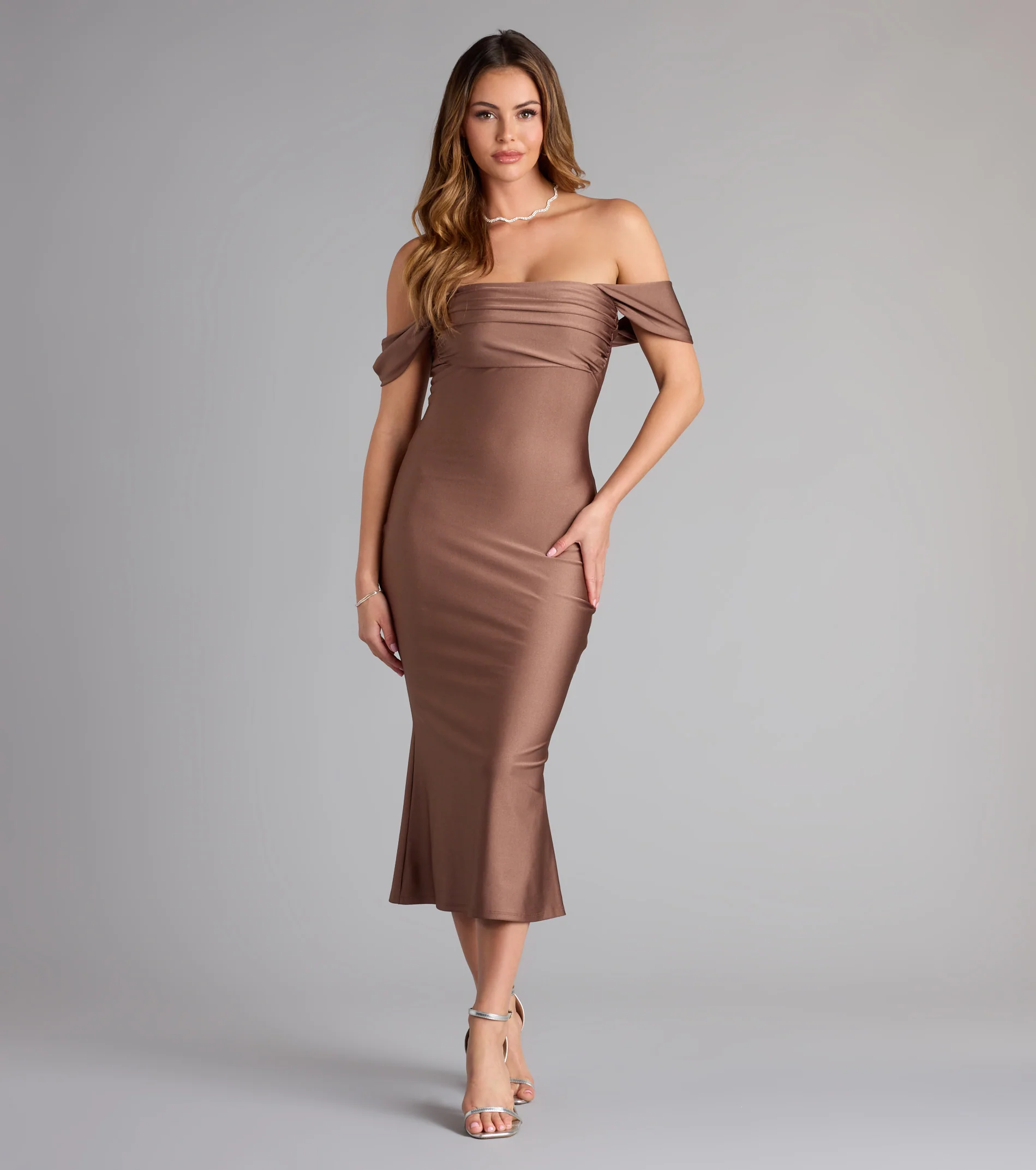 Exceptional Off-The-Shoulder Flared Midi Dress