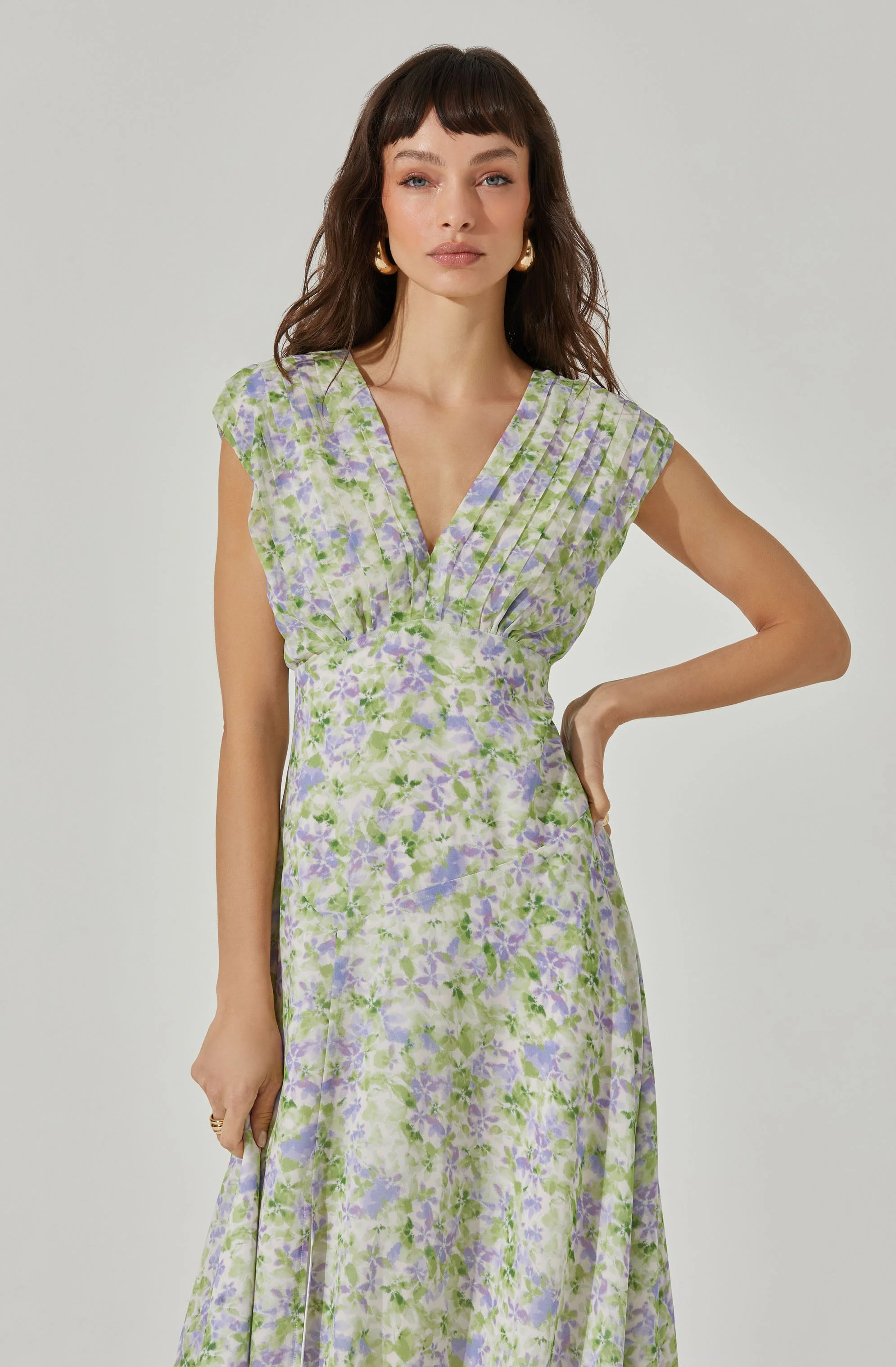 V-Neck Pleated Midi Dress