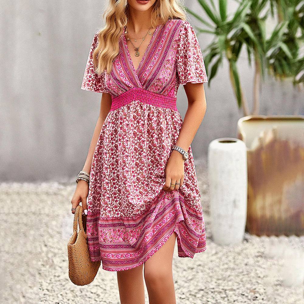 Boho Floral Shirring Waist Midi Swing Dress