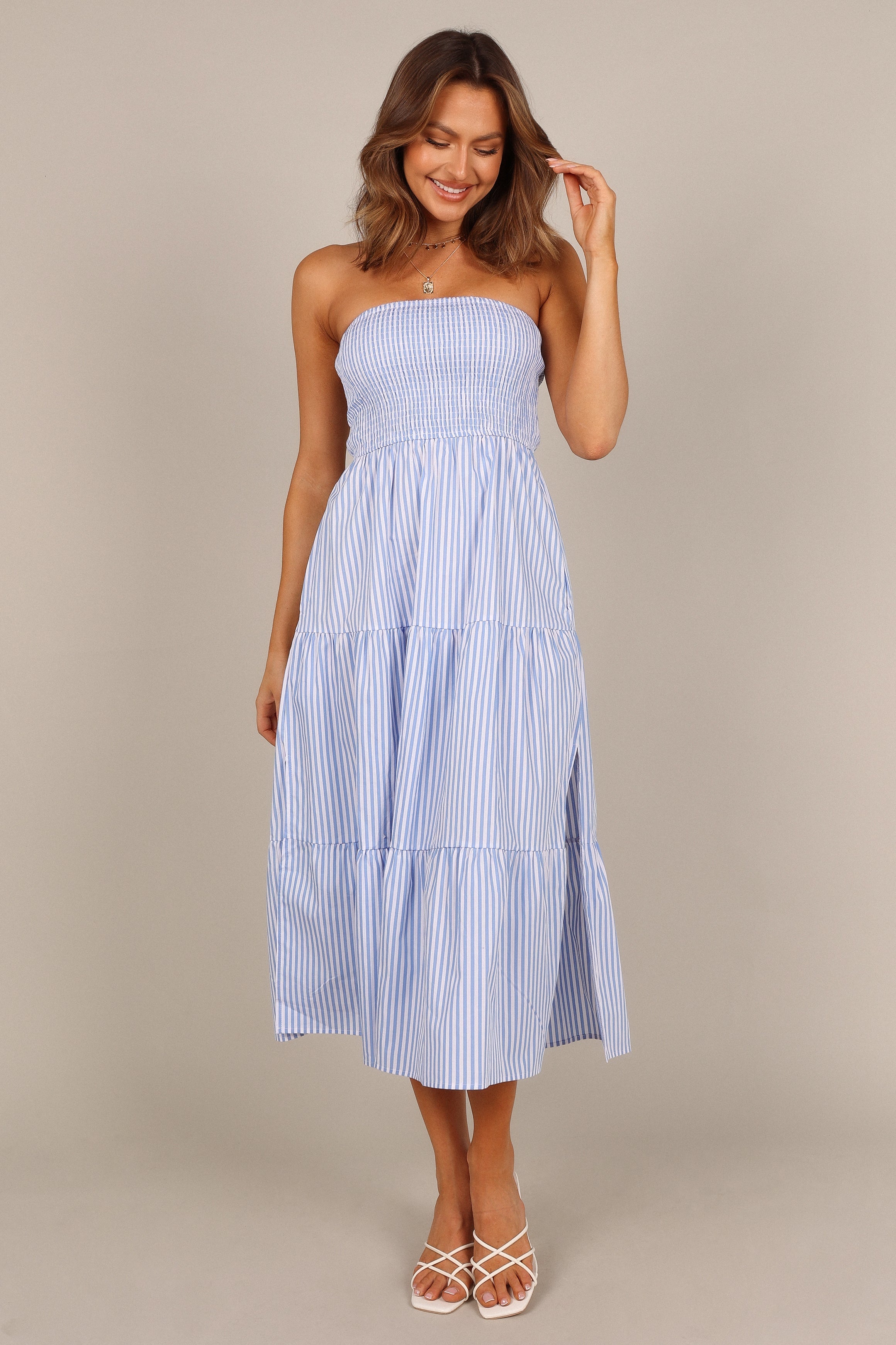 Maisie Strapless Midi Dress - Blue Stripe