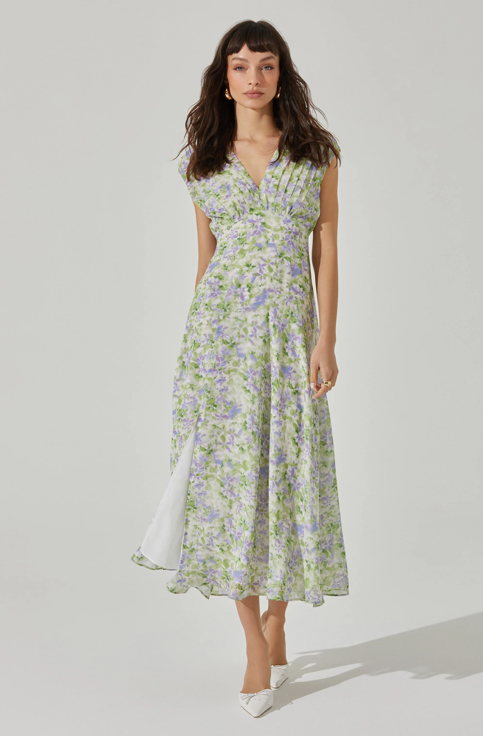 V-Neck Pleated Midi Dress