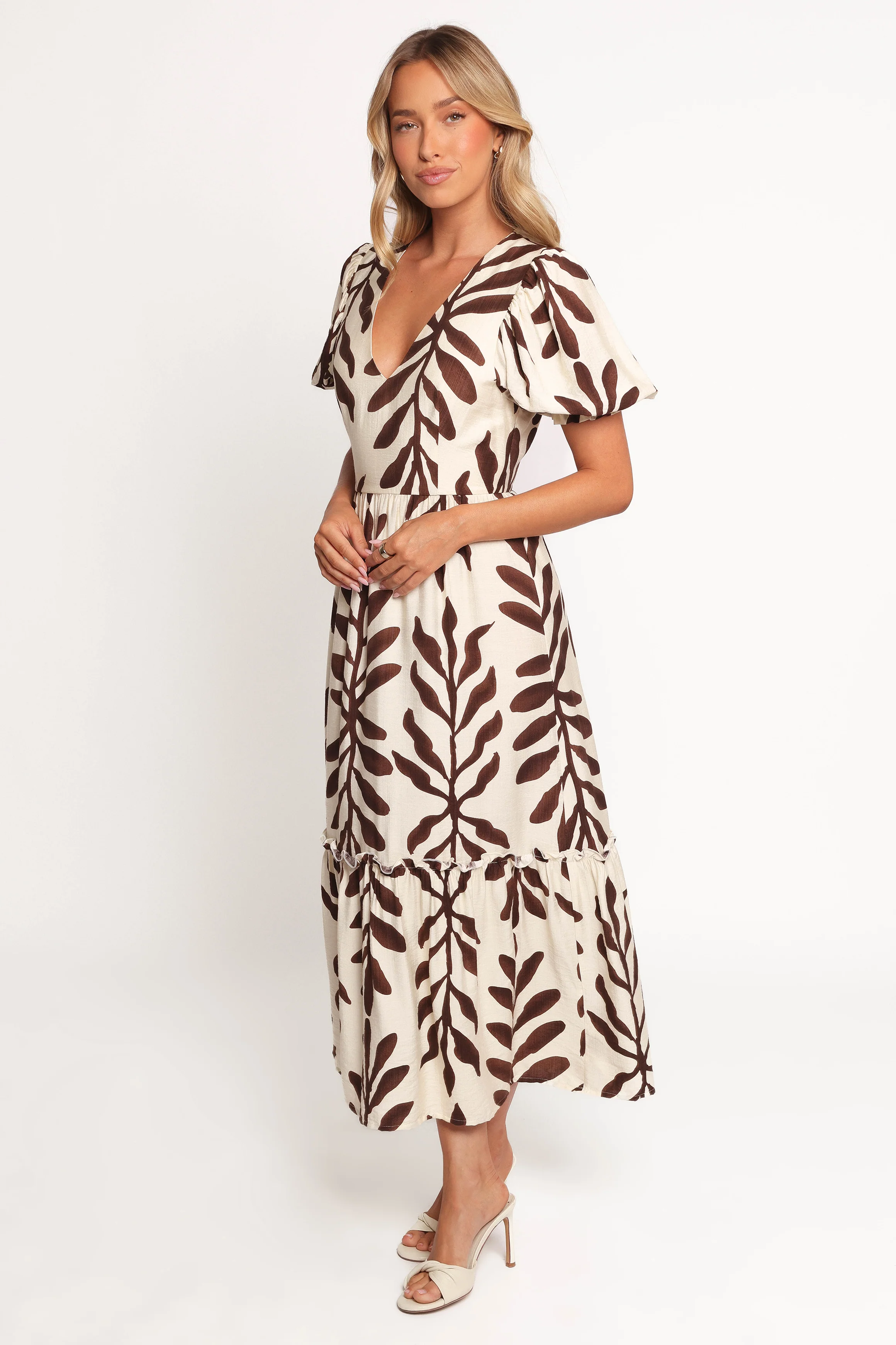Steele Puff Sleeve Midi Dress - Brown Palm