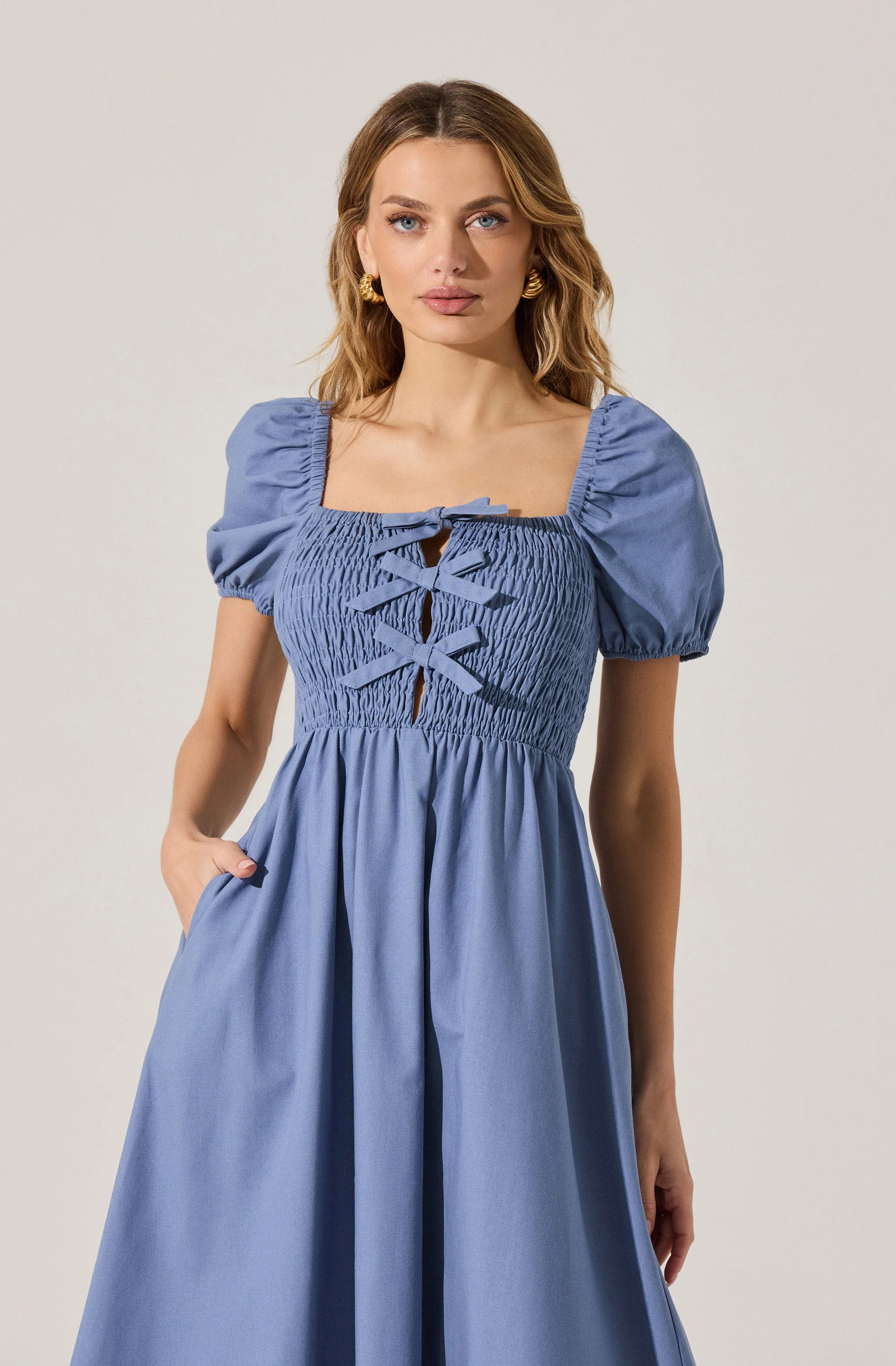 Smocked Bow Midi Dress