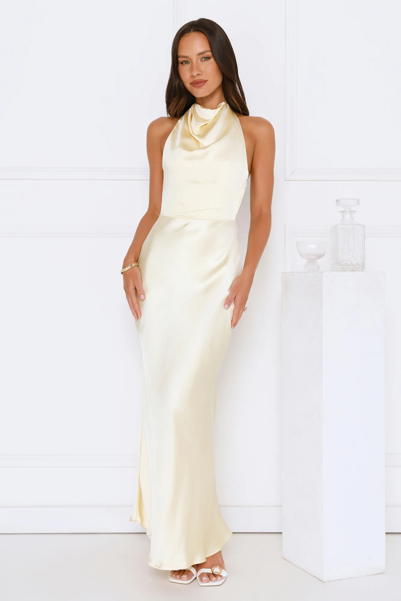 Draped In Diamonds Satin Halter Maxi Dress Yellow
