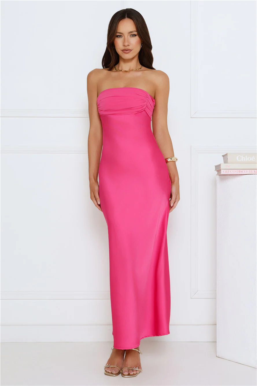 Love Club Strapless Satin Maxi Dress Pink