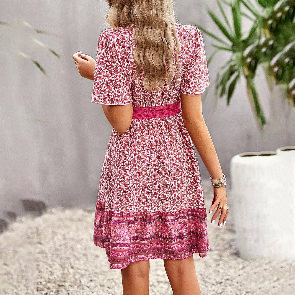 Boho Floral Shirring Waist Midi Swing Dress