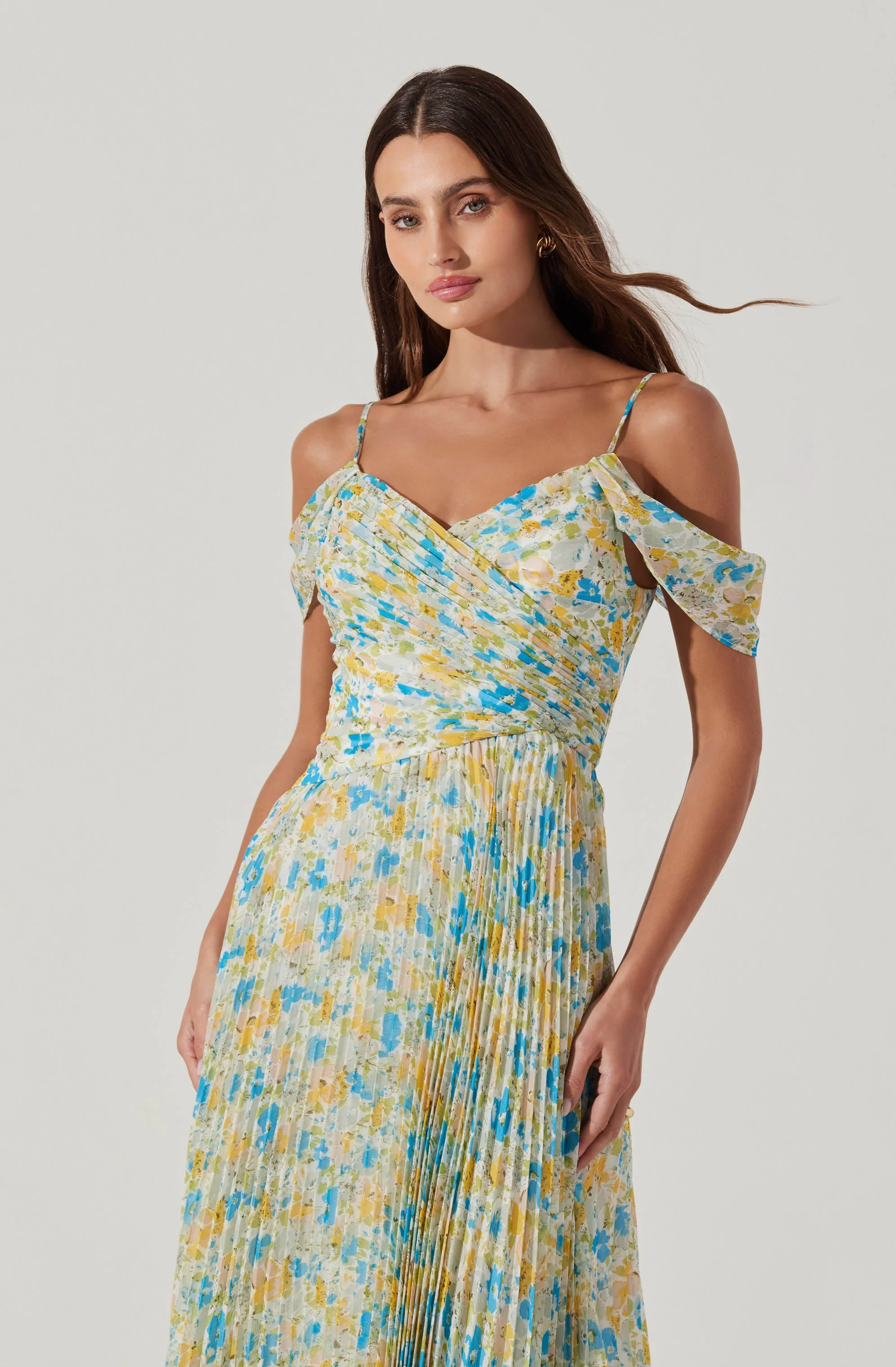 Pleated Cold Shoulder Midi Dress