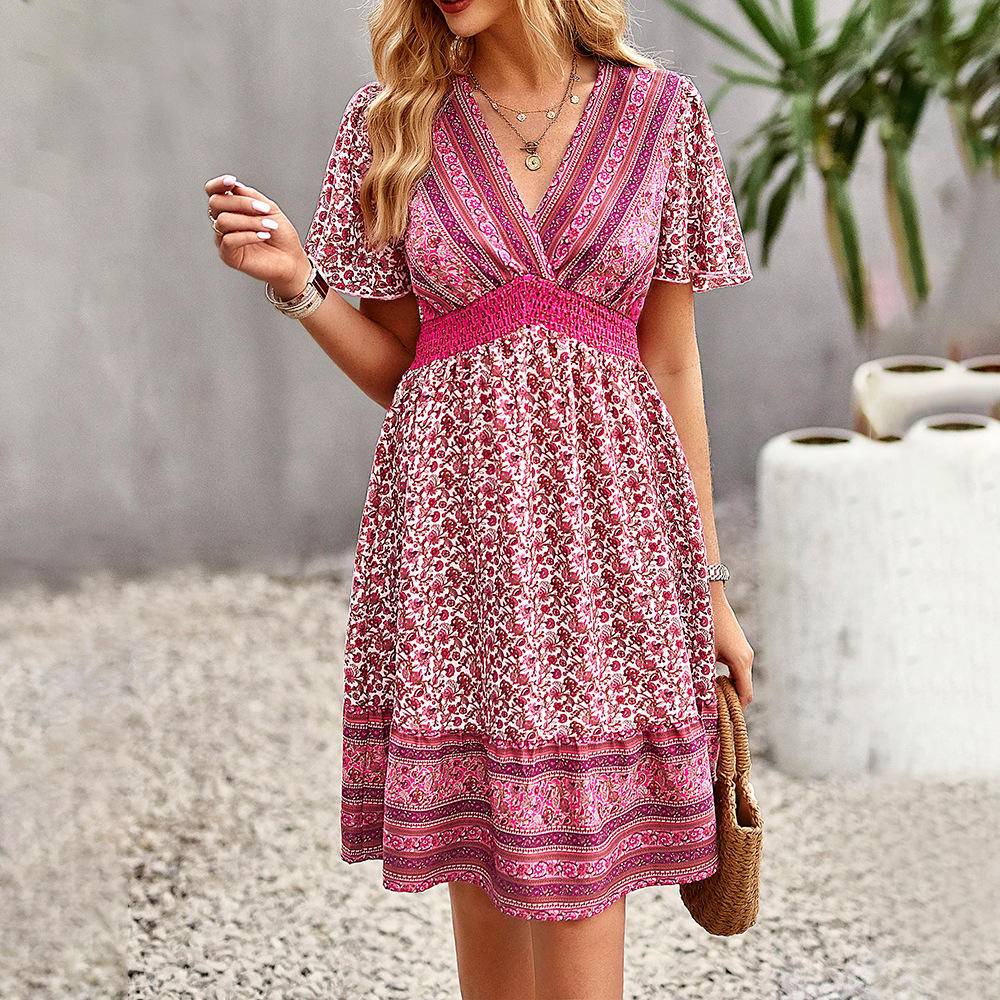 Boho Floral Shirring Waist Midi Swing Dress
