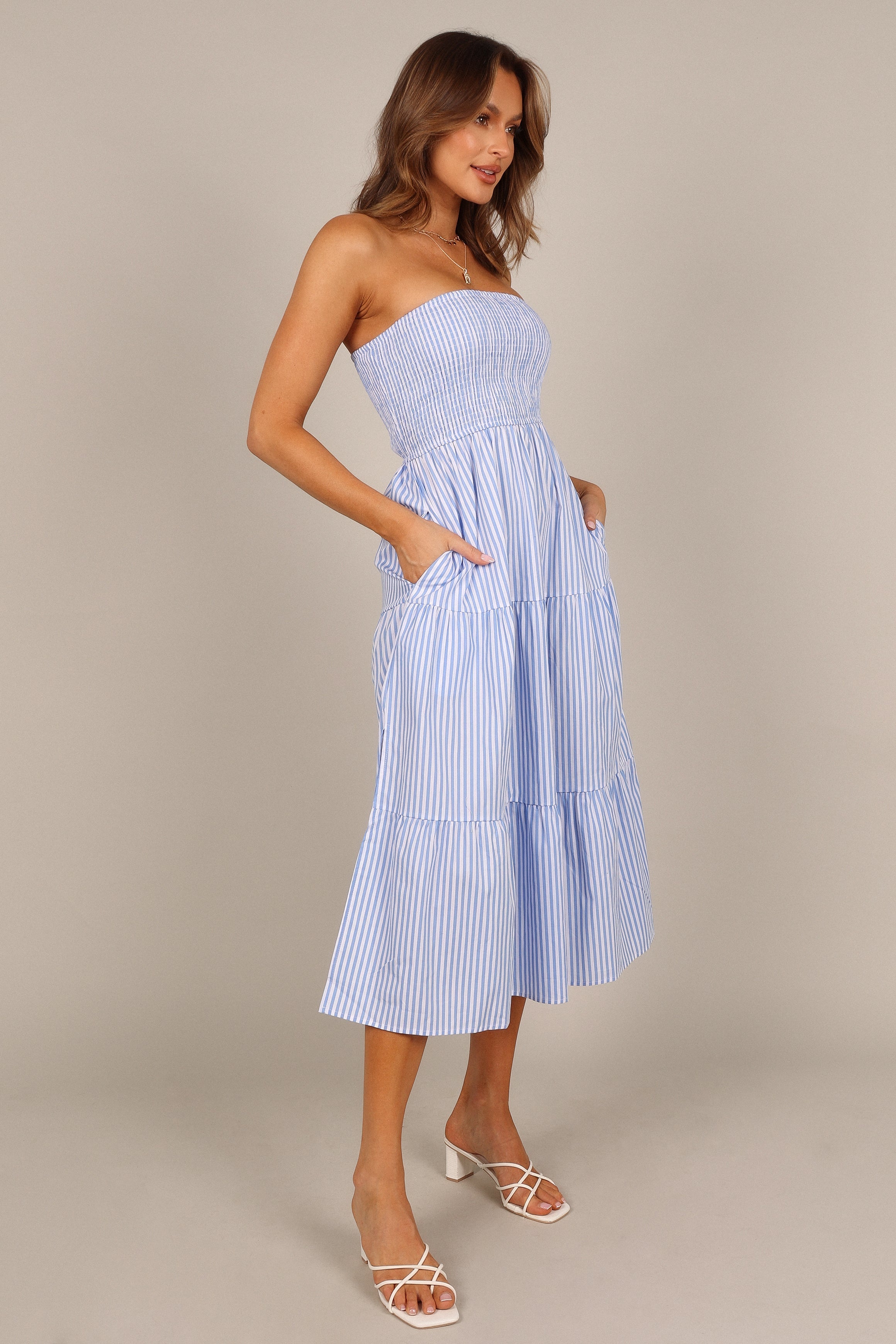 Maisie Strapless Midi Dress - Blue Stripe