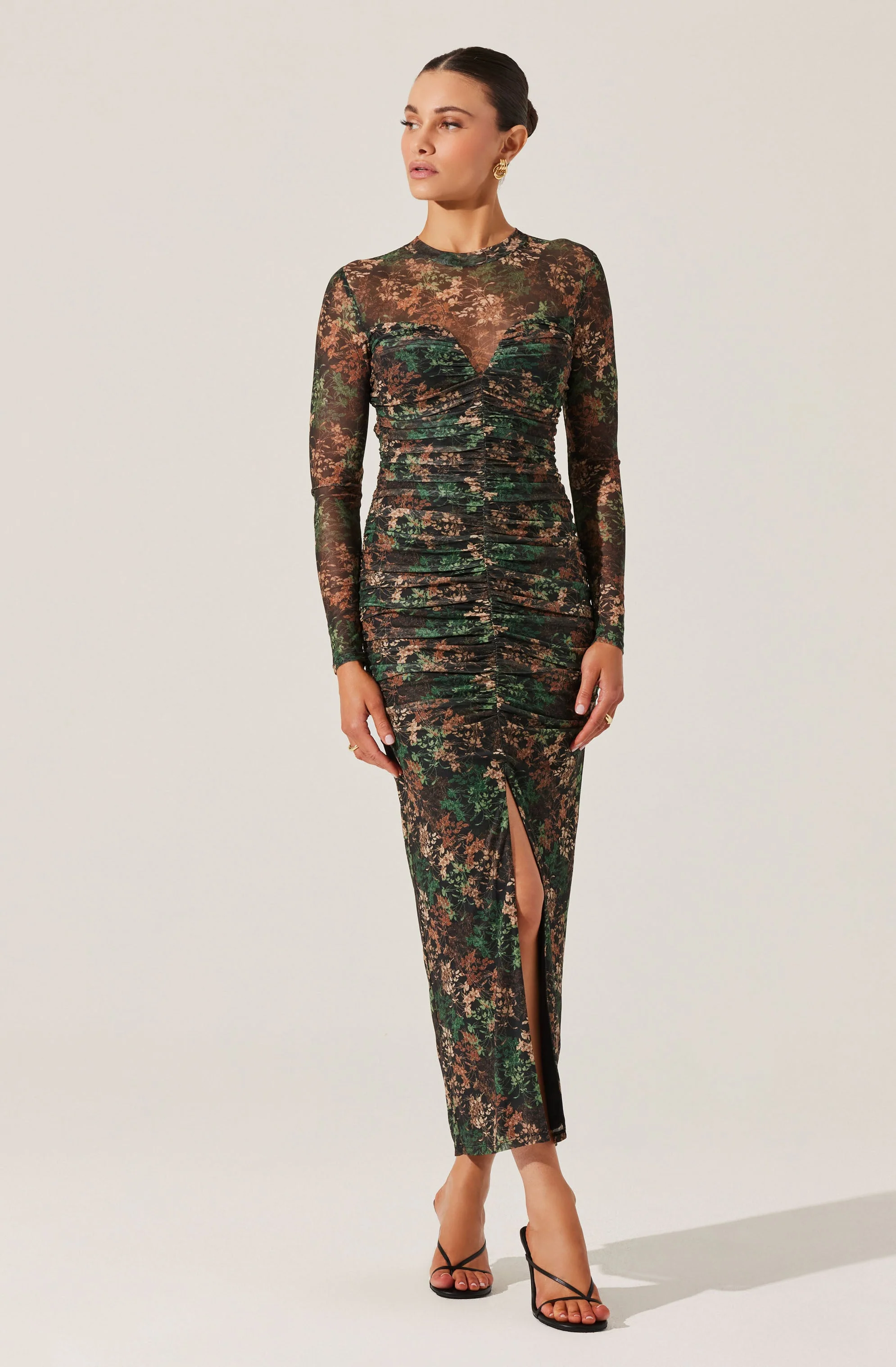 Mesh Sweetheart Ruched Maxi Dress