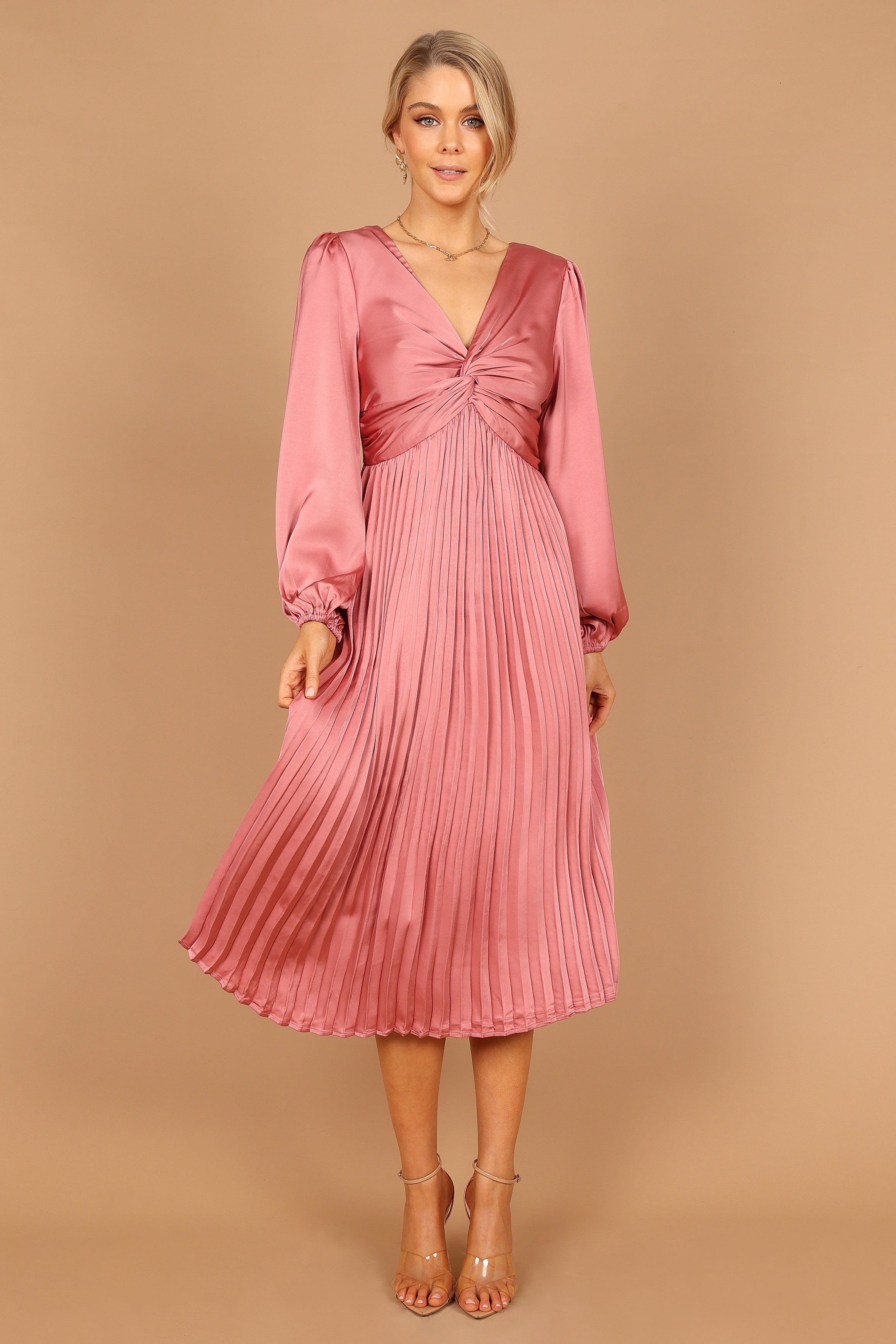 Noelle Twist Front Pleated Midi Dress - Blush