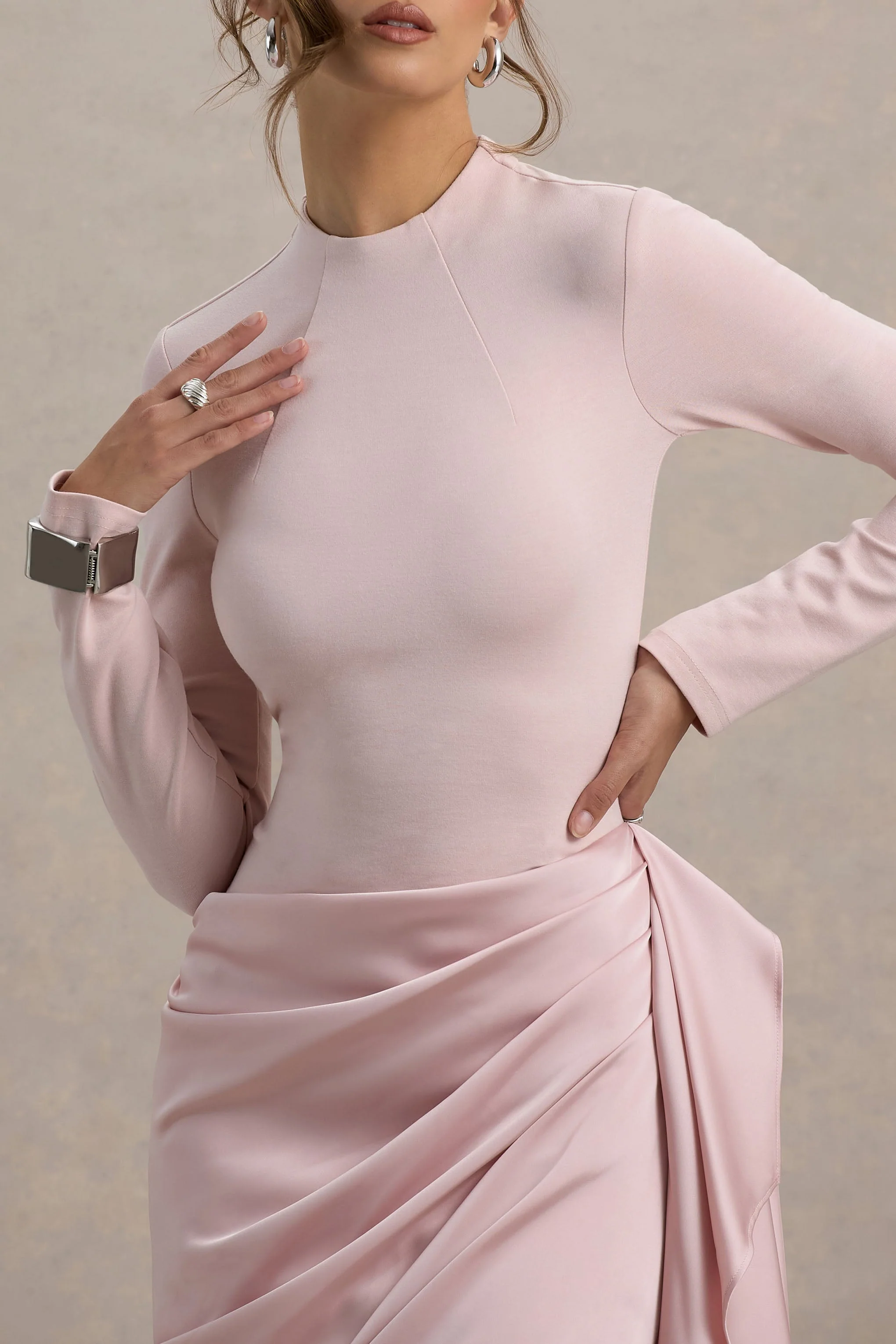 Raffie | Pink Long-Sleeve Midi Dress With Satin Wrap Skirt