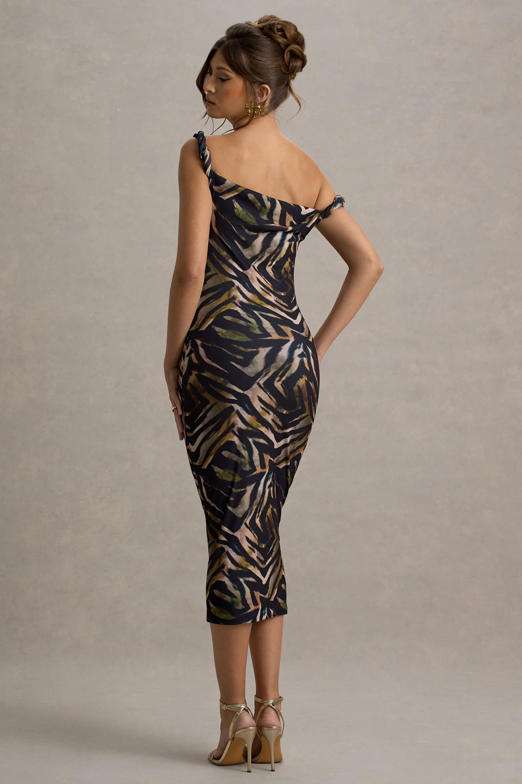 Nora | Zebra Print Twisted Asymmetric Midi Dress