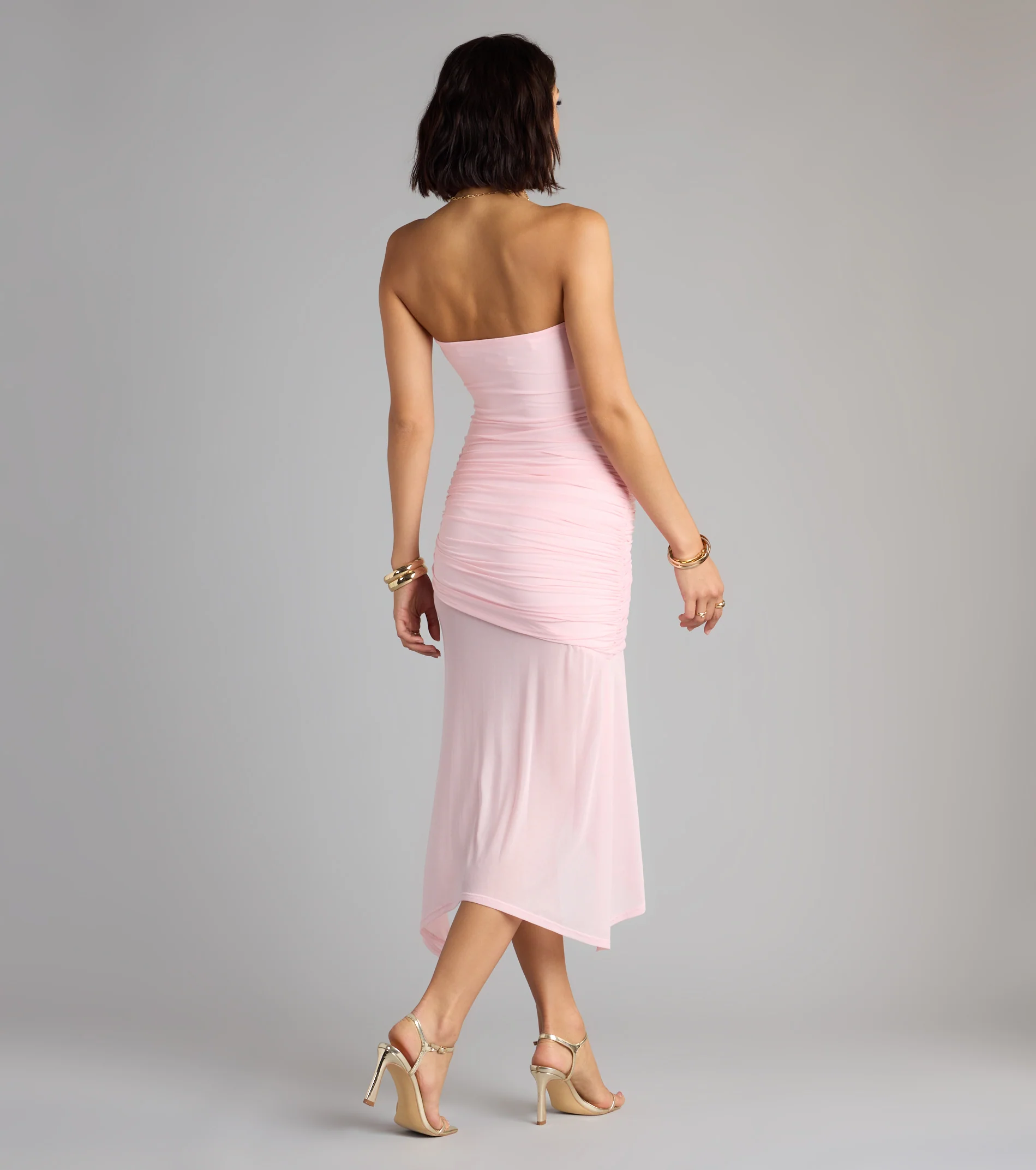 All Eyes On You Strapless Ruffle Midi Dress