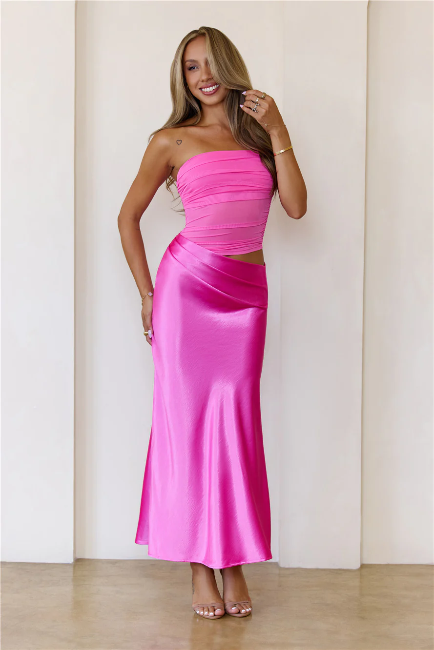 Luxe Attitude Satin Mesh Strapless Maxi Dress Pink