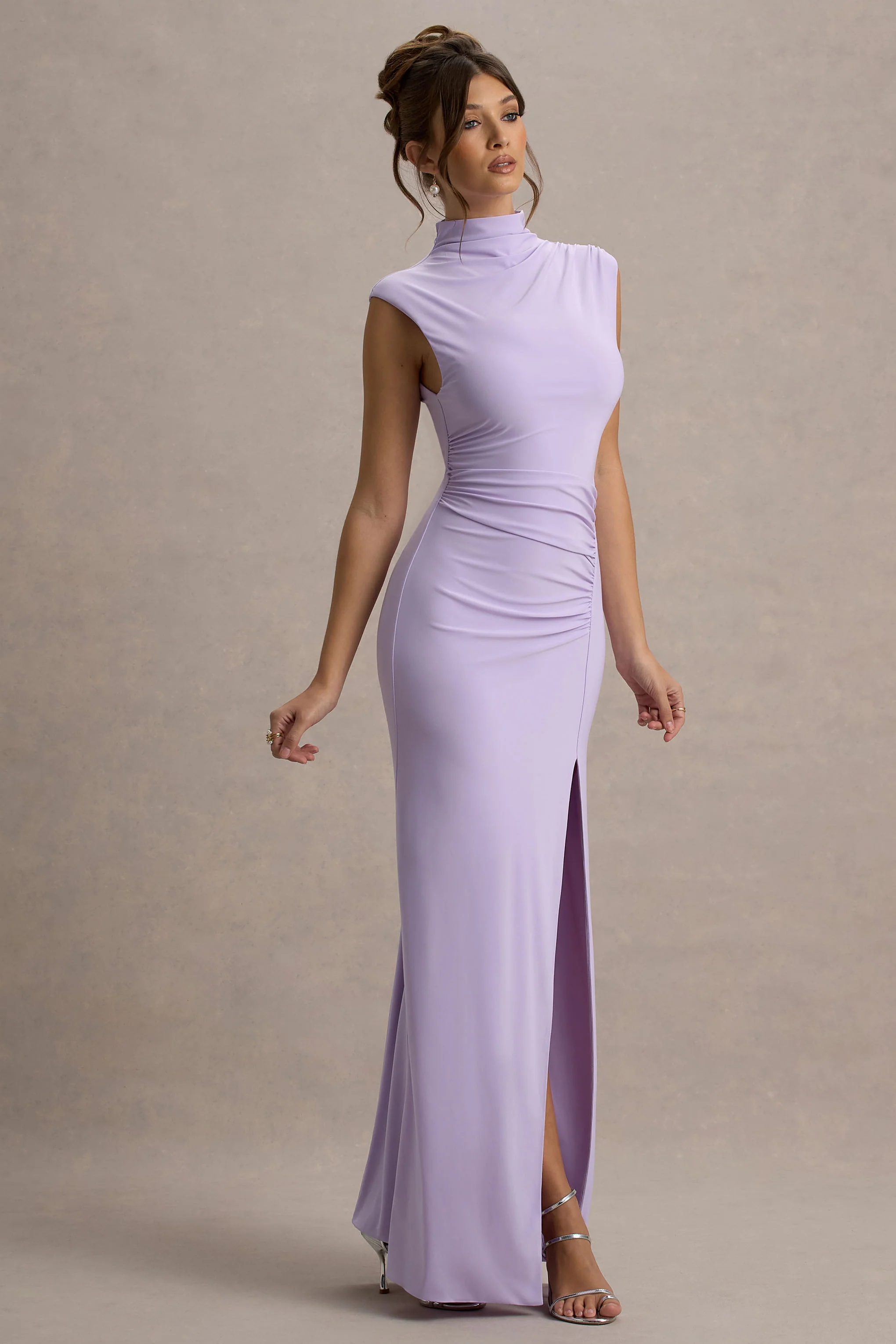 Lanetta | Lilac Ruched High-Neck Maxi Dress With Split