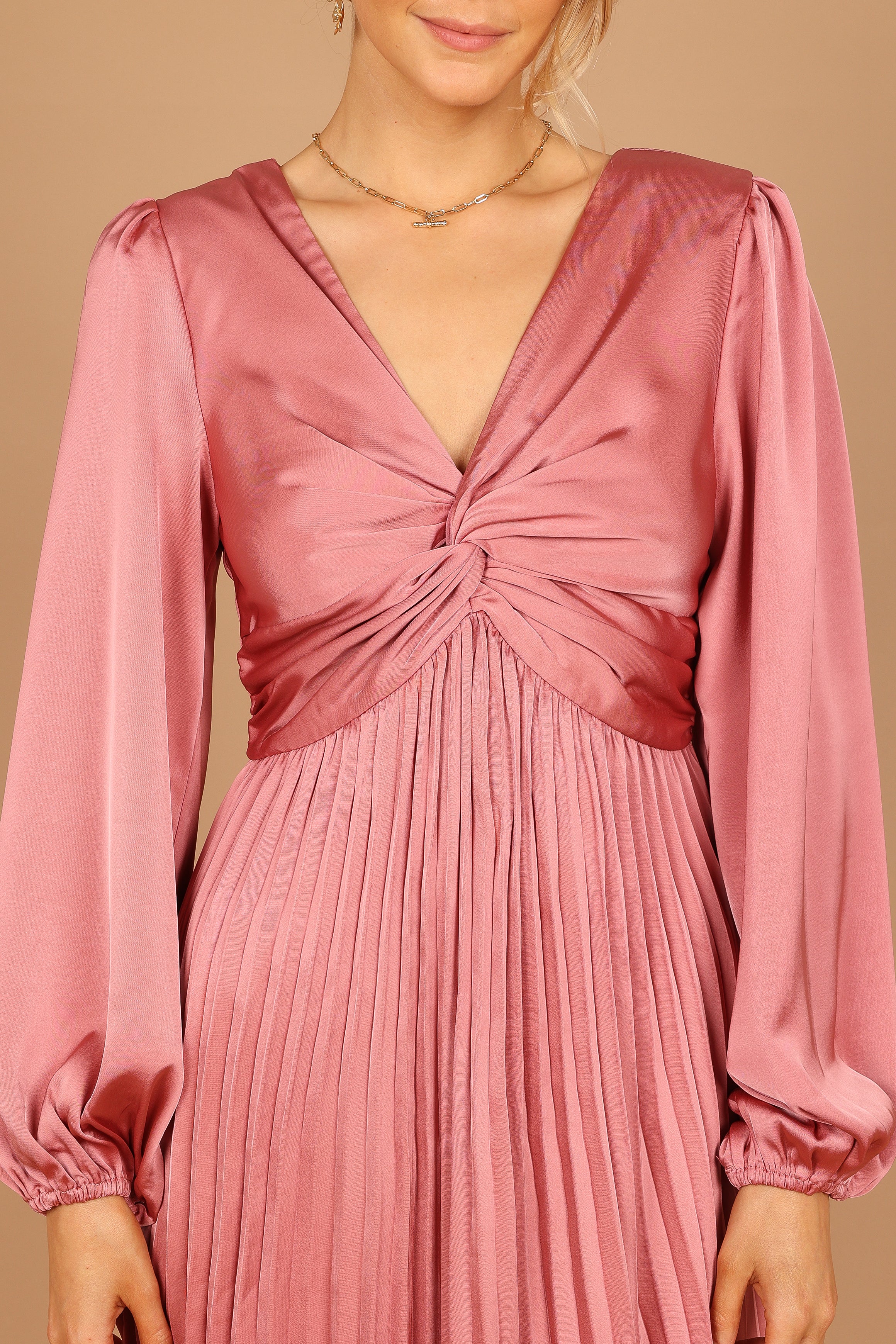 Noelle Twist Front Pleated Midi Dress - Blush