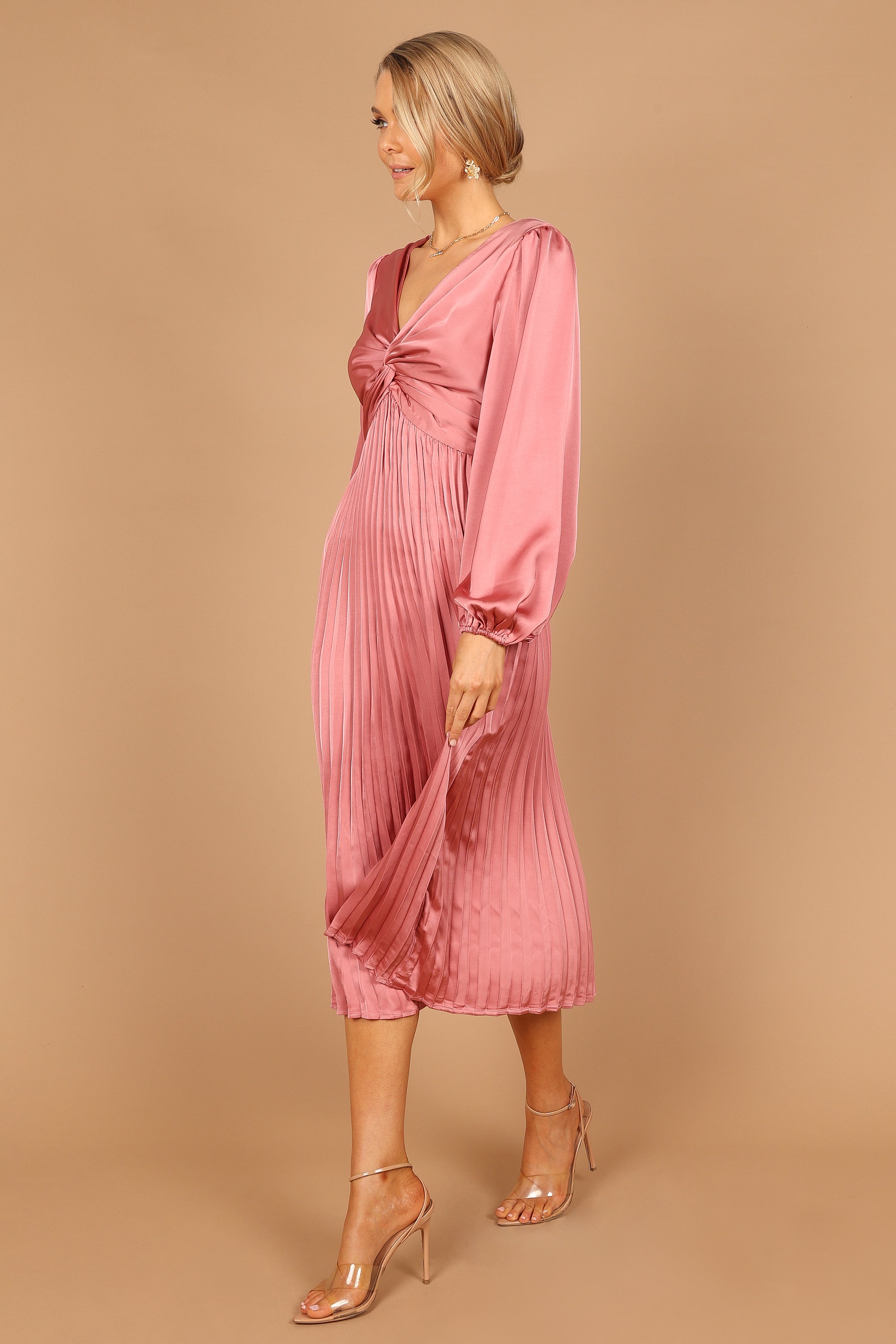 Noelle Twist Front Pleated Midi Dress - Blush