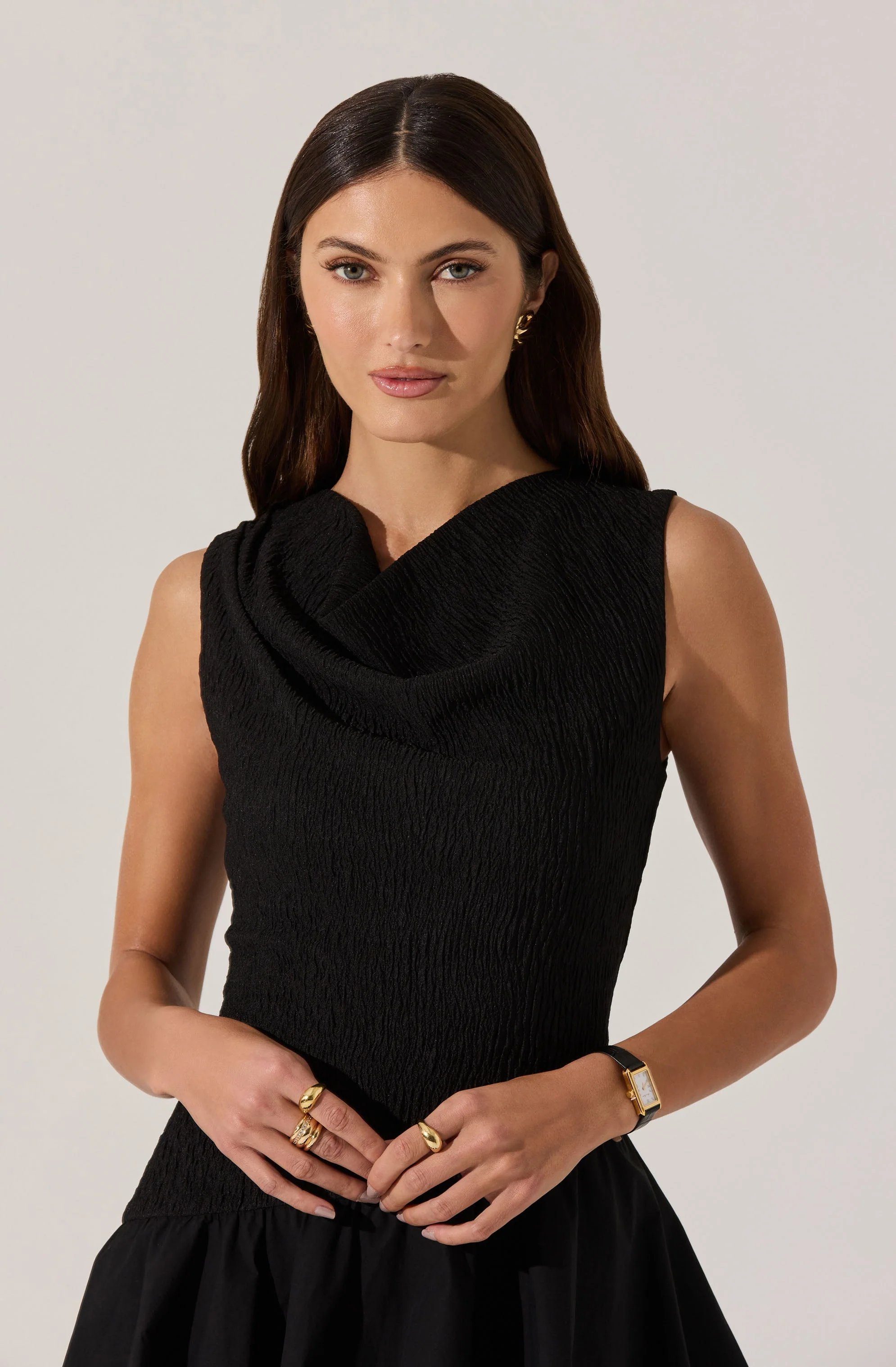 Cowl Neck Mixed Media Mini Dress