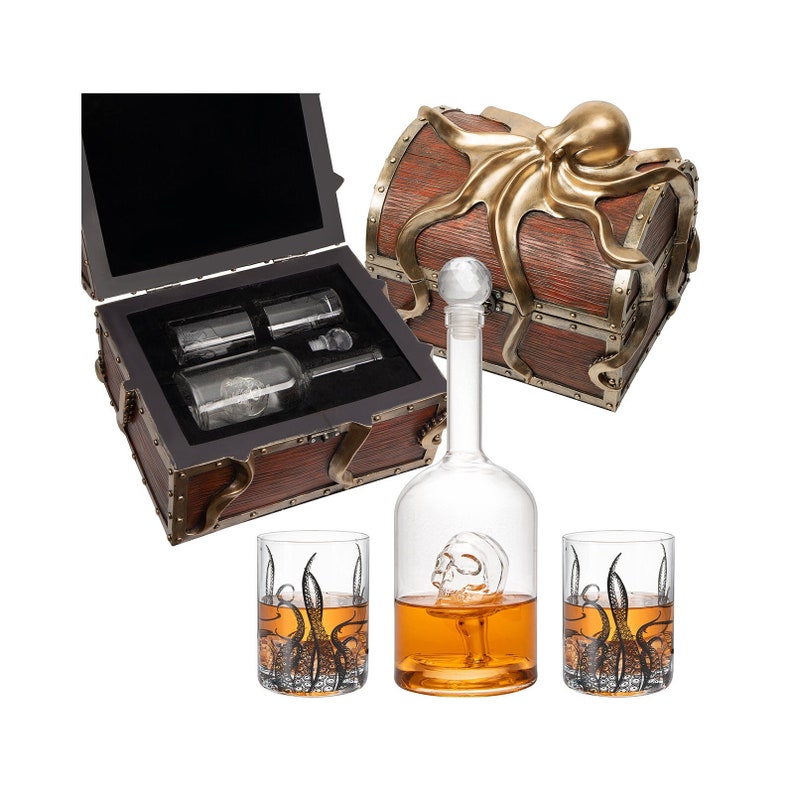 Octopus Kraken Chest Wine & Whiskey Decanter Set