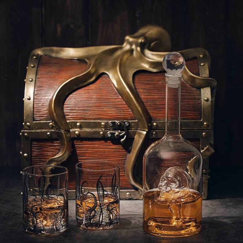 Octopus Kraken Chest Wine & Whiskey Decanter Set