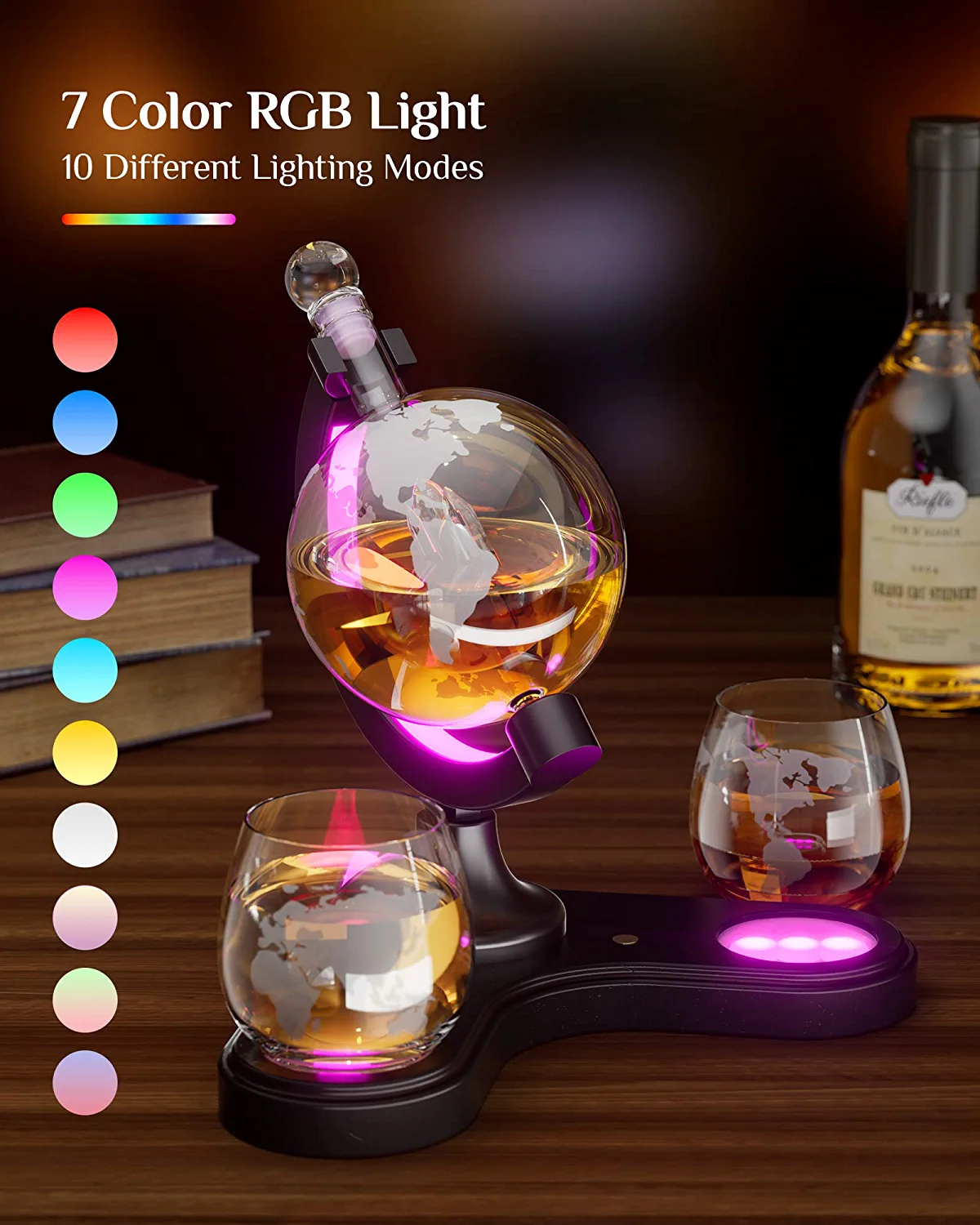 7 Color RGB Light Whiskey Globe Decanter Set Glasses