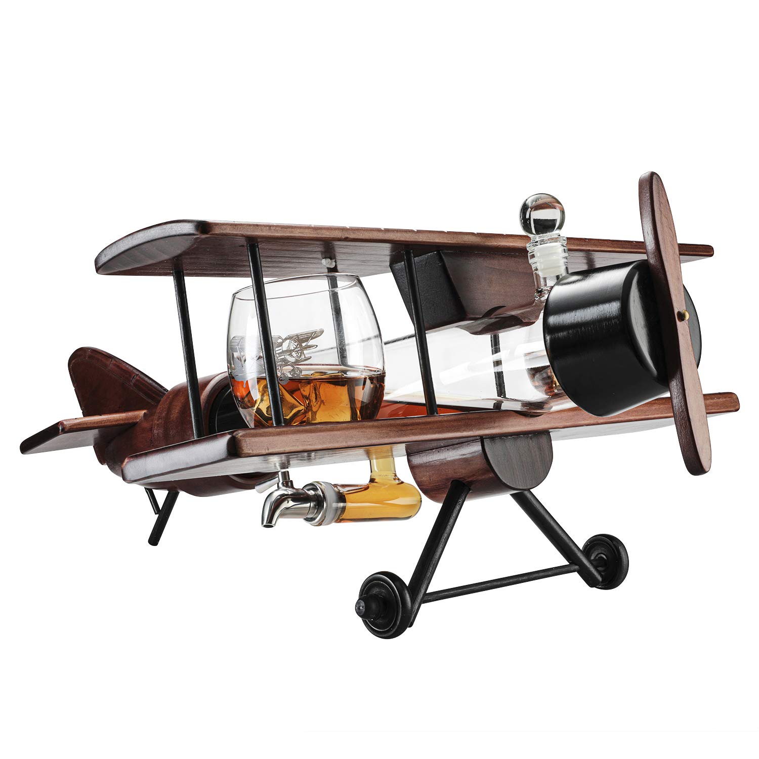 Whiskey & Wine Decanter Airplane Set and Glasses Antique Wood Airplane