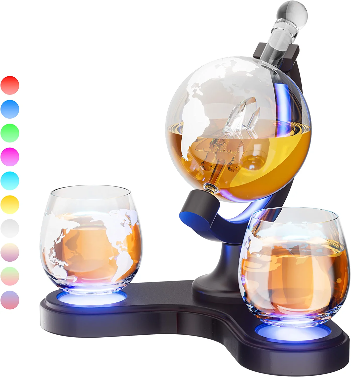 7 Color RGB Light Whiskey Globe Decanter Set Glasses